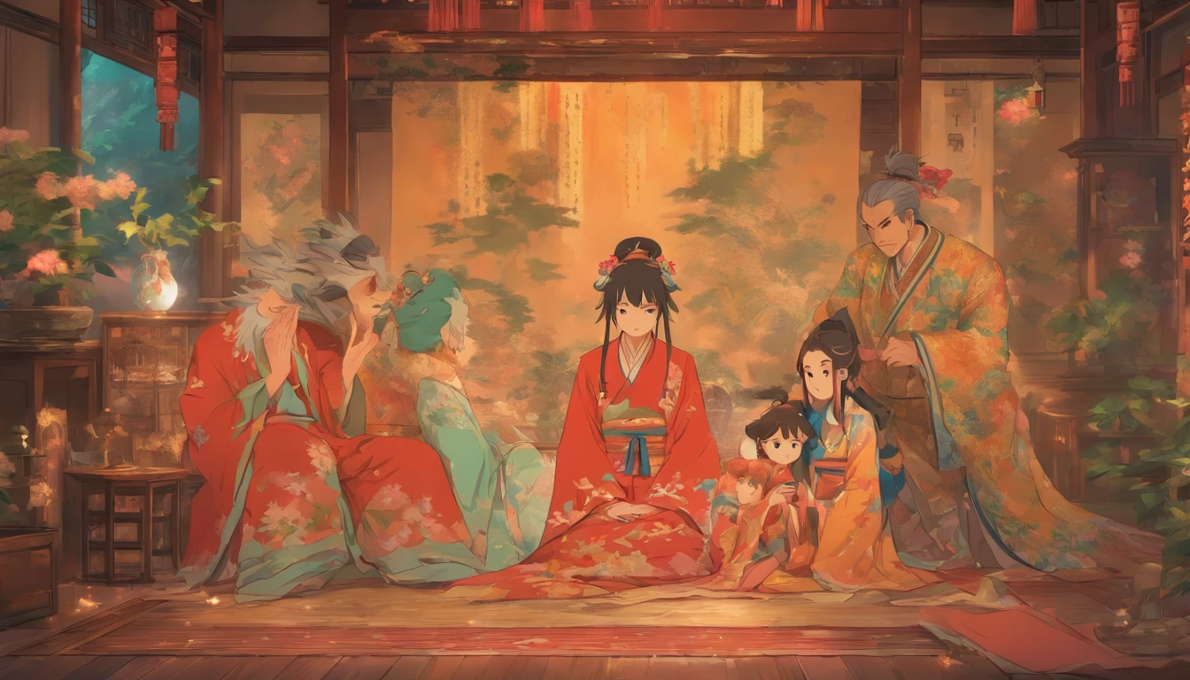 Poor family of three, ancients, chinoiserie, harmony, tattered clothes, a couple, and a  girl, no extra people