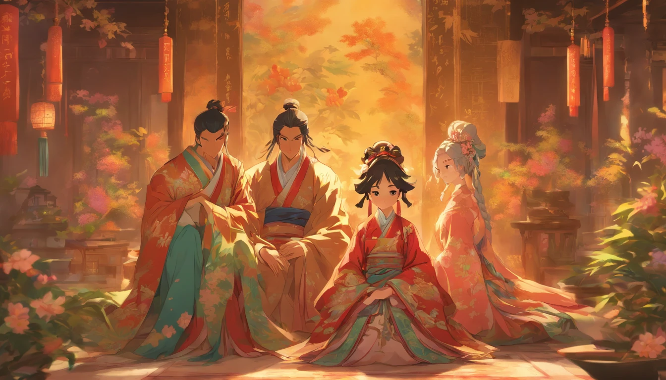 Poor family of three, ancients, chinoiserie, harmony, tattered clothes, a couple, and a girl, no extra people