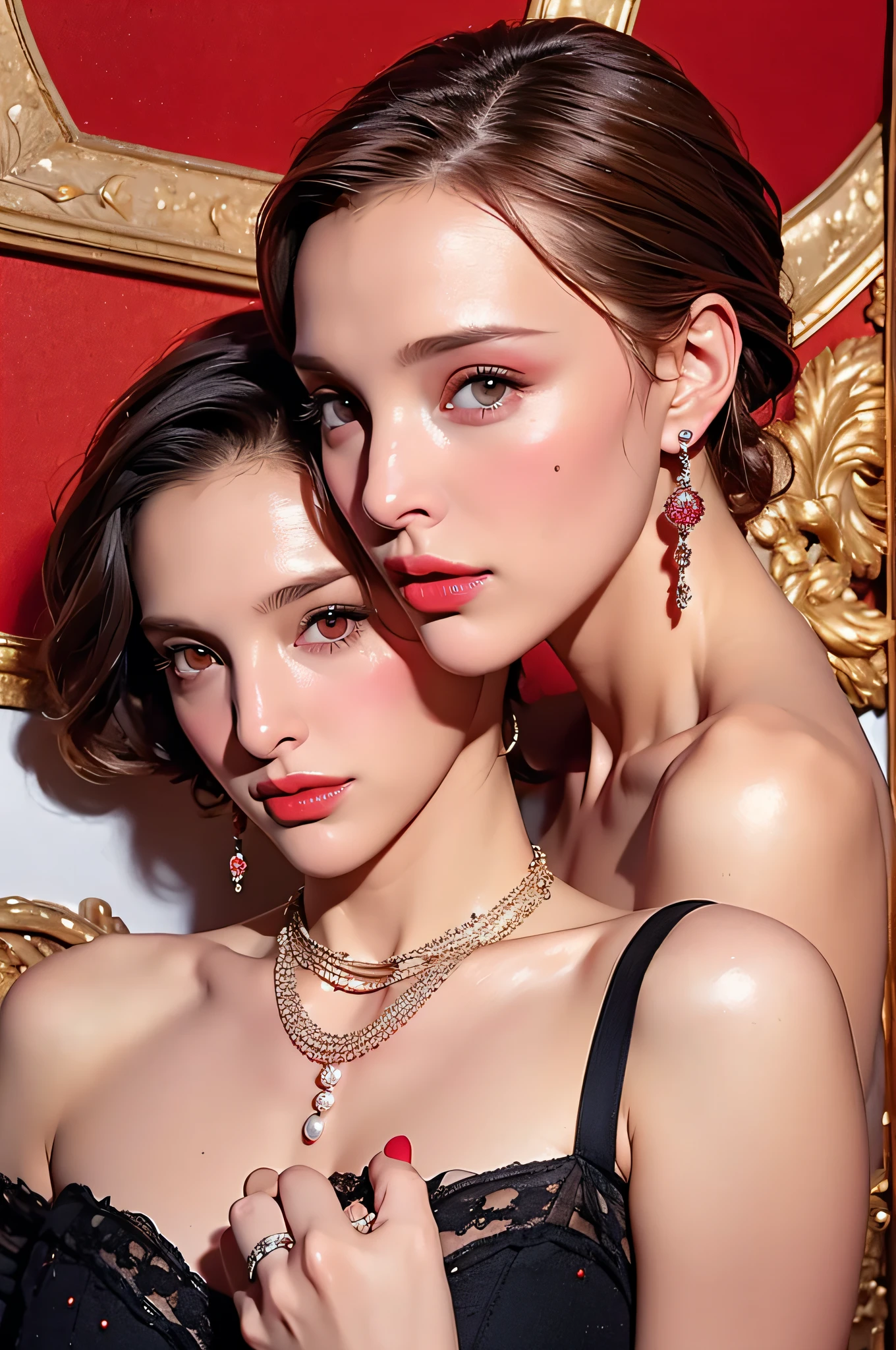 Natalie portman, Oil Painting, renaissance, leonardo da vinci, Model, Modern style, modern clothing, popstar, Cool, Short Hair Red Color Pearl Necklace, earrings, Modern makeup, Red Lipstick, Starry Night, Black Star Dress, Ring, Defined strokes