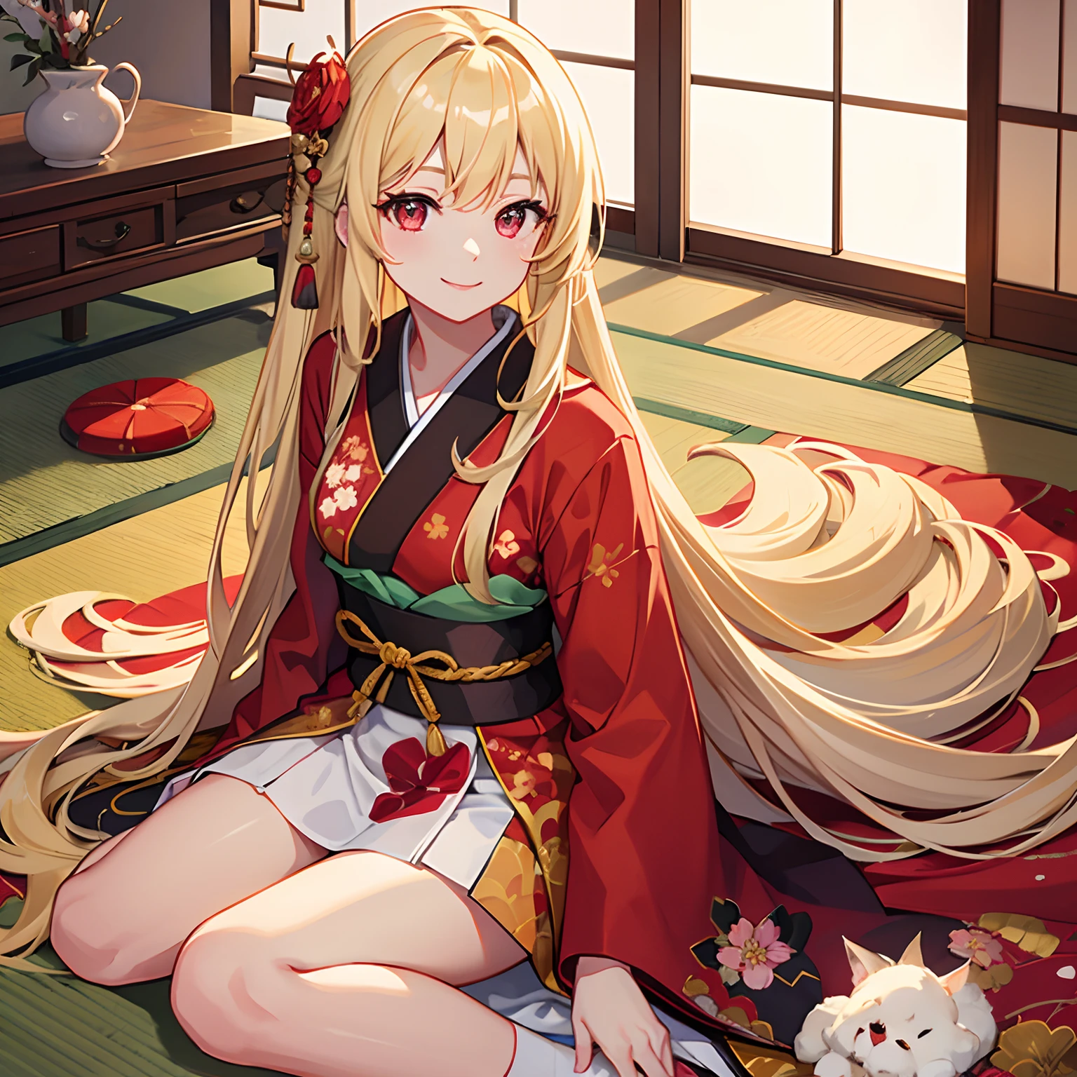 blonde、red eyes、beautiful girl alone、Sexy、princess cut、floral kimono、Western-style castle、meticulous feet、Beautifully aligned fingers