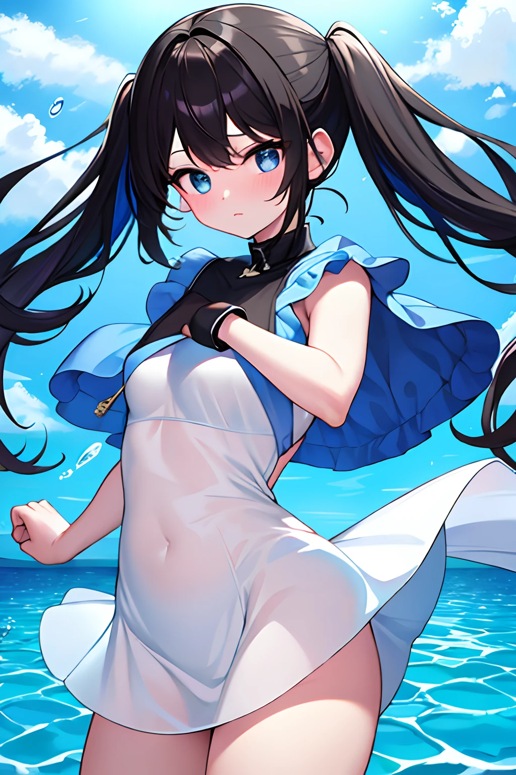 Masterpiece, Best quality, (Dynamic pose:0.5), absurderes, 1girll, fightingpose, Punch water, (Water attacks:1.5) Wet clothes, Wet hair, wet face, Water behind the person, multicolored hair, (Wind:1.4)