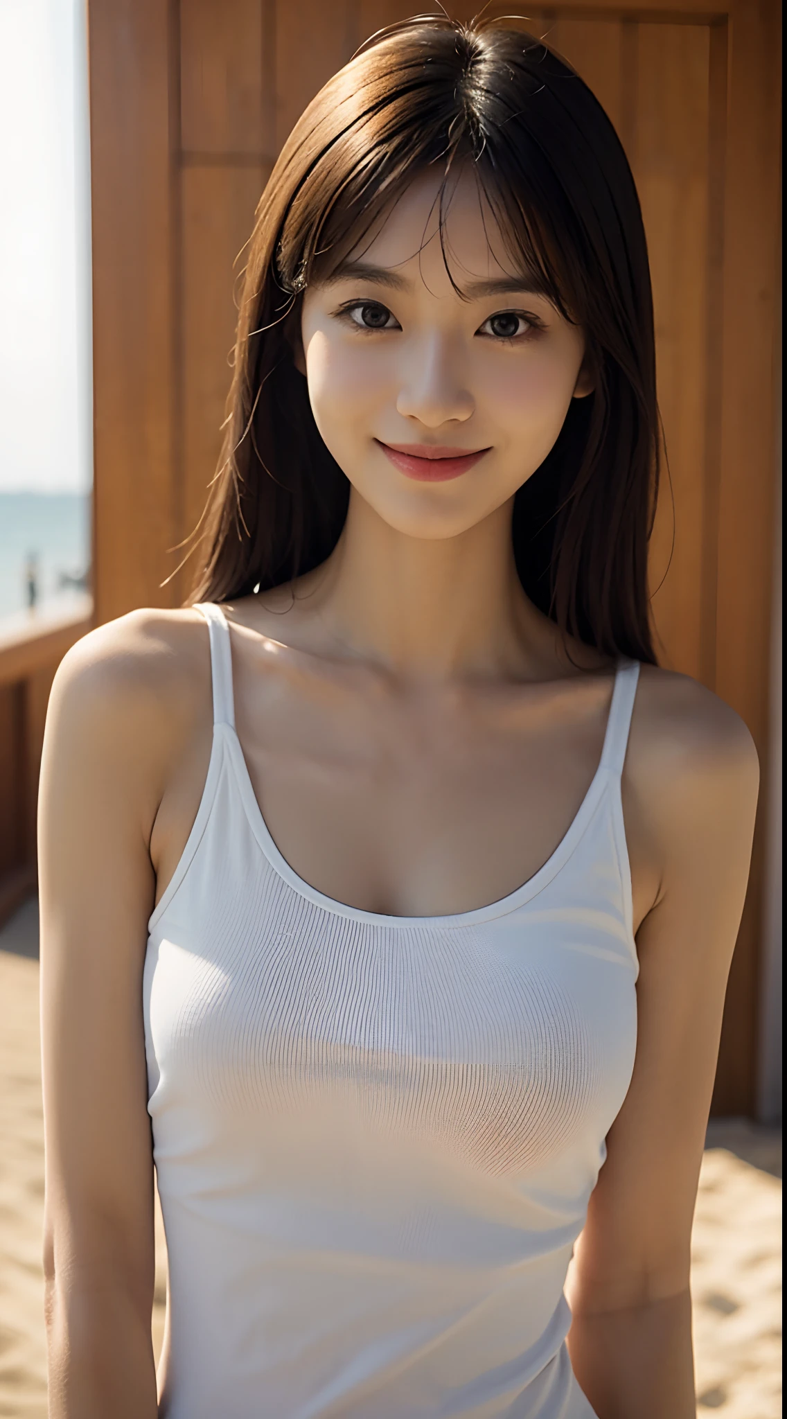 Very nice and detailed description, ultra real detailed, Masterpiece, Best quality, Very fair and beautiful skin, 9 heads tall is a small-faced beauty, In addition to the breasts，The whole body is thin，Very thin, But the breasts are large, Very beautiful breast shape, Tight and very large breasts, Tight tank top dress, Beautiful very large eyes，对称, Nasal muscles pass, Very hairy, Suny, flat lighting, sand beach，Smile
