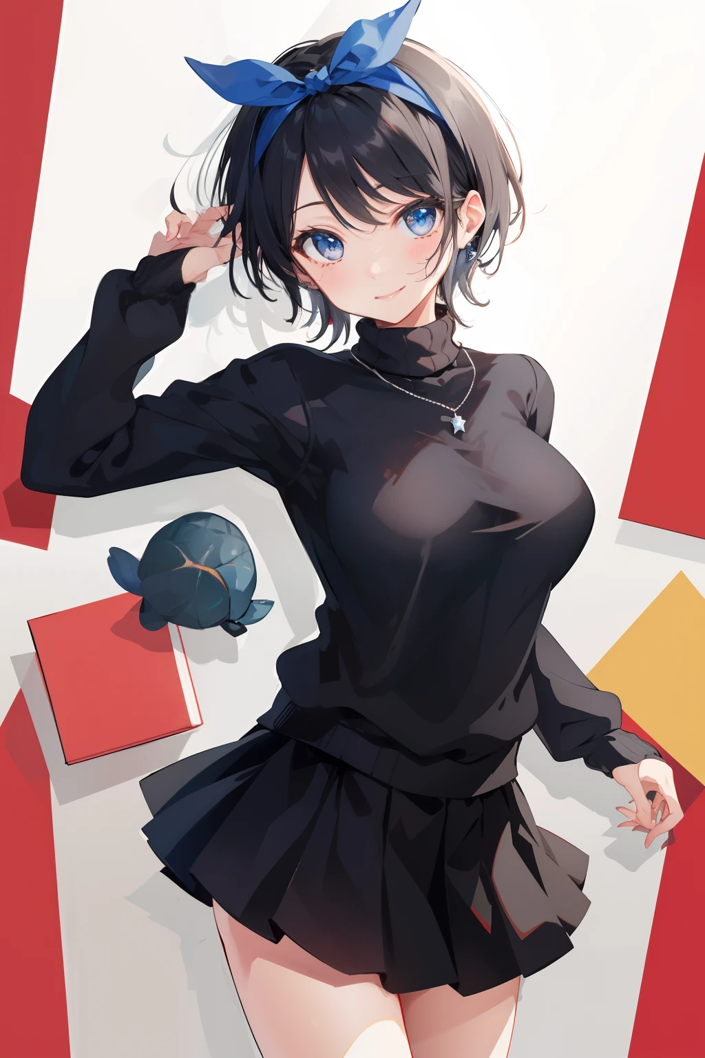 masterpiece, best quality, highres, 1girl, solo, jewelry, skirt, sweater, necklace, black skirt, black hair, short hair, ribbed sweater, socks, turtleneck sweater, turtleneck, white socks, blue eyes, long sleeves, pleated skirt, ribbon, breasts, bow, hair ribbon, hairband, hair bow, bangs, large breasts, sarashina ruka, cowboy shot, smile,