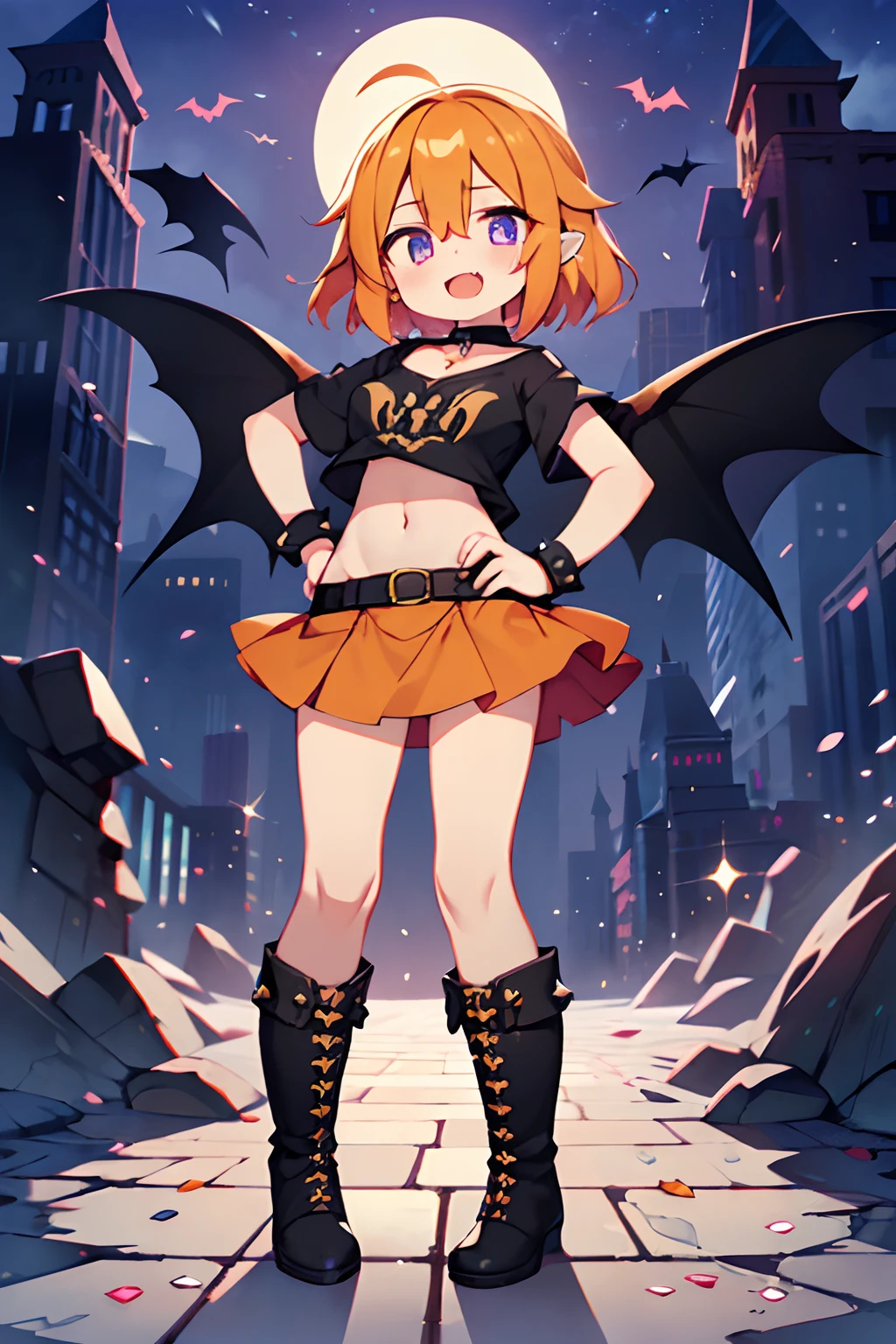 (1girl in:1.2), (Solo:1.2) , Brilliant Textured Work, top-quality, petite, loli, child, 10 year old, black crop top tee, orange miniskirt, black spiky boots, black spiky wristbands, spiky choker, orange hair, short hair, wavy hair, (violet eyes:1.1), shiny hair, evil smile, standing, contrapposto, hand on hip, Evil Female Executive, villainess, Evil Fall, darkness, Downtown at night, Concrete roads, large breasts, (empty eyes:1.5), (Forcibly fitted gem:1.2), corrupted gem , eyeball gem, (cracked gem:1.2), curse seal, (parasite eroded gem:1.1), Heart-shaped tattoo on the lower abdomen, eroded, bat wings, open mouth, large fang, full moon,