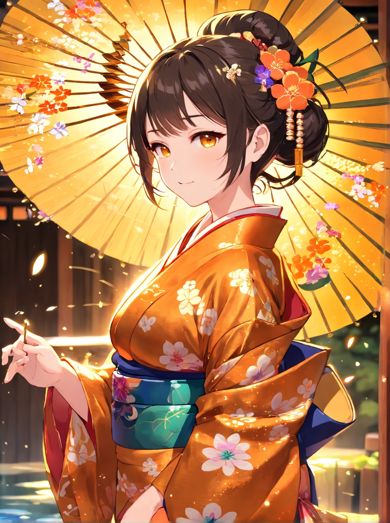 ((Masterpiece, highest quality, super definition, high resolution)), ((cowboy shot | looking back:1.3)), (1 slender woman of Japan, 24 years old), Ultra Detailed Face, Detailed Eyes, Double Eyelids, sony a7, Film grain, a dark night, Photorealistic, one-point perspective, diffuse reflection, colorful shiny particles, Lens Flare, Soft lighting, seductive smile, Dark Brown Hair, ((Hair up)), Nipple bulge, BREAK ((Wearing a Rinpa kimono that uses a lot of glittering golden:1.5)), ((The main color is golden and the Rinpa Kimono has very colorful embroidery:1.2)), (elaborately made classical Japanese Rinpa-style Kimono), ((The embroidery pattern is a peacock, a running water pattern, and colorful flowers):1.2), ((elaborately and elegantly decorated Golden Kimono)), (orange_color Fine Floral Pattern:1.4), (Fine hair ornaments:1.3), Wearing a traditional patterned Japan kimono:1.3, Huge breasts:1.2, (orange_color background:1.3), (Random Japanese Pattern Background:1.4), (gradation:1.3), High Quality, 4K,
