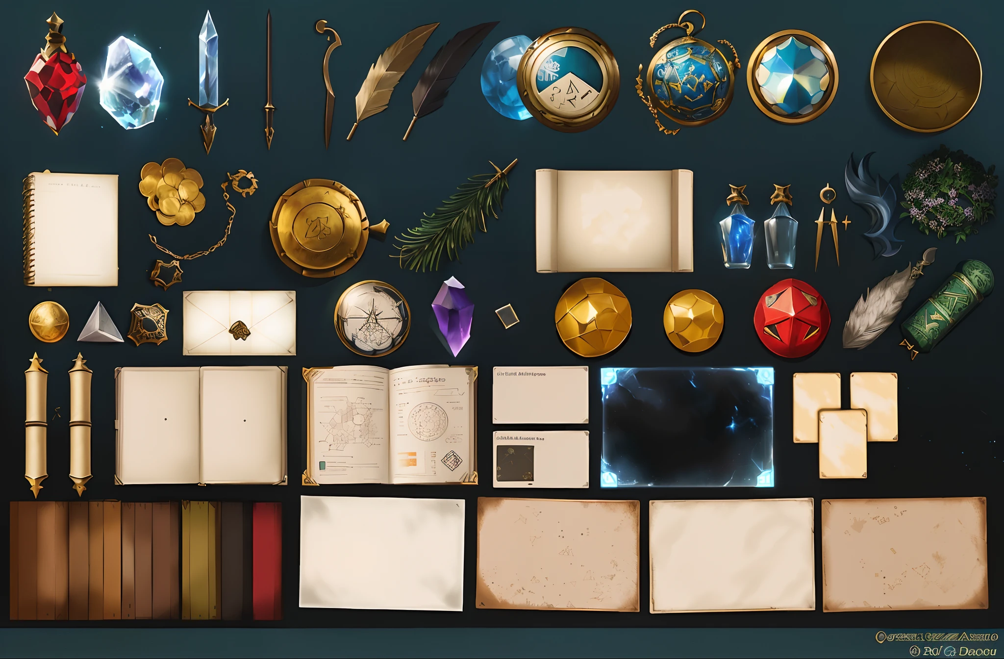 There are many items that are on the table together, rpg game inventory item, Ativos do jogo, Folha de ativos do jogo, game asset occult, magic items, Pacote de ativos de design de jogos, Ativo do jogo, ativos de videogame, Item de jogo de RPG, arte conceitual do objeto, game icon asset, Folha de Ativos, pacote de ativos, objetos diversos, arte detalhada do jogo, table game props