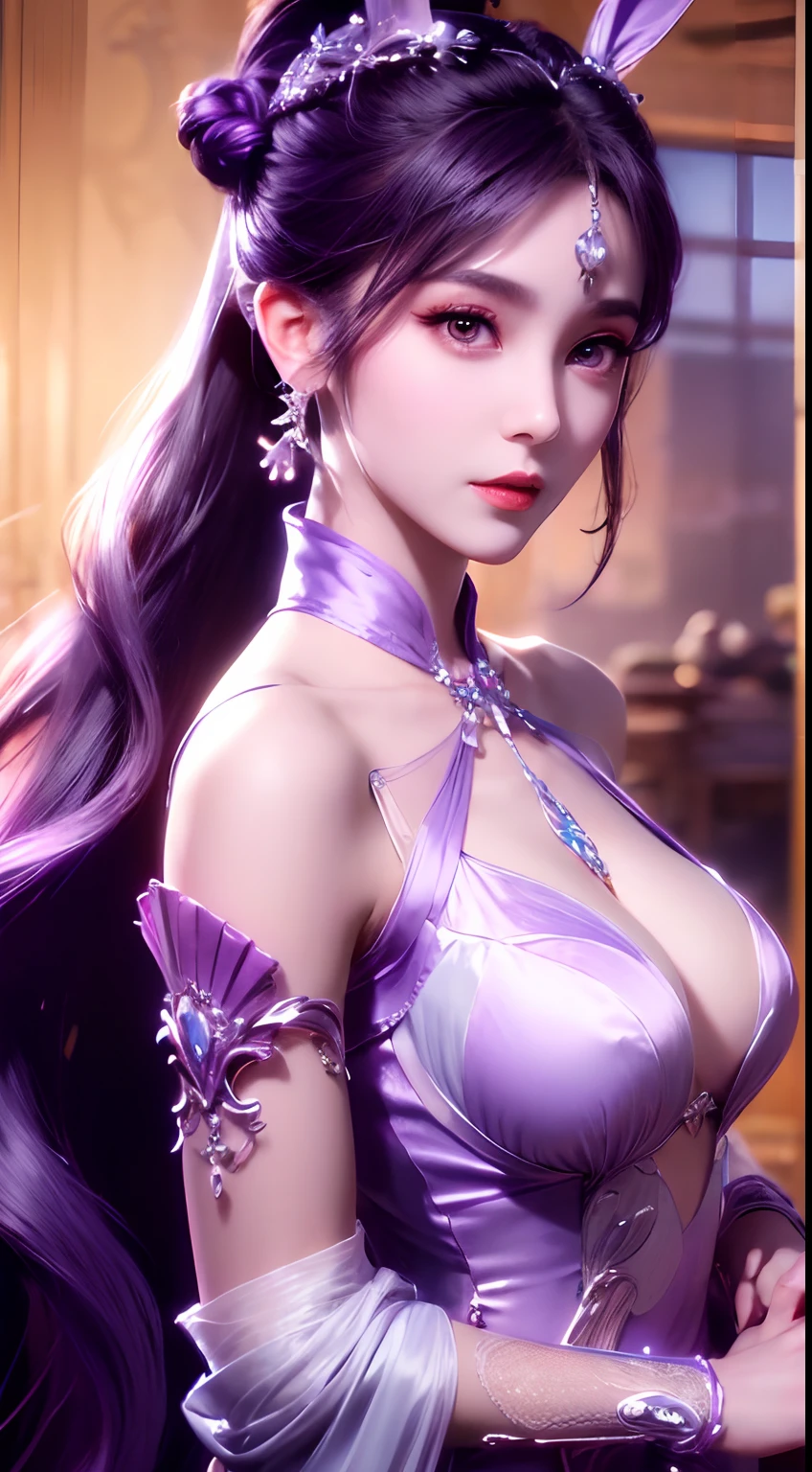1 very beautiful girl in Hanfu dress, Thin purple silk shirt,There are many white patterns, white lace top, Purple platinum,with long bangs,Long ponytail, gorgeous hair accessory, Nice face and cute, Flawless face, Earring jewelry, light purple rabbit ears, Neck accessories, meticulously drawn large purple eyes, meticulous makeup, Thin eyebrows, High nose, Red lips are beautiful, no smile, pursed lips, rosycheeks, Wide breasts, Big breasts, well-proportioned bust, Slim waist, purple mesh socks, chinese hanfu style, Fictional art patterns, The bright colors and legs are real , RAW photo, Realistic photo, ultra high quality 8k surreal photos, (Fantastic lighting effects: 1.8), 10x pixel, Magic effects (Background): 1.8), Super detailed eyes , Portrait of the upper body of a beautiful girl, Girl Alone, ancient hanfu background, head straight-looking at viewer, Wide original photo, 8K quality, Super sharp, Most detailed、The clearest picture, Detailed light background,