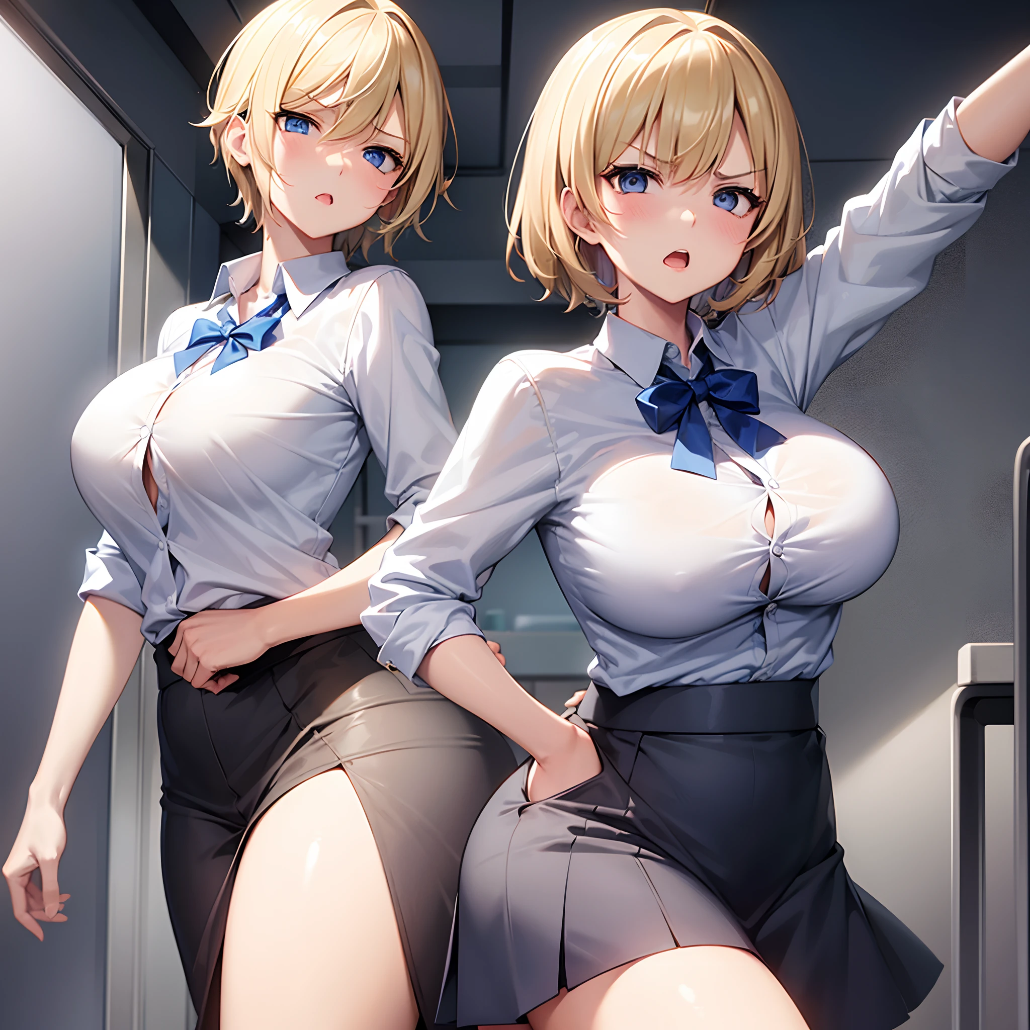 1Girl short blond hair, blue eyes, white shirt with all buttons closed office, bige breast, big tits, school uniform, angry expression, open mouth, standing, classroom background, arrogant