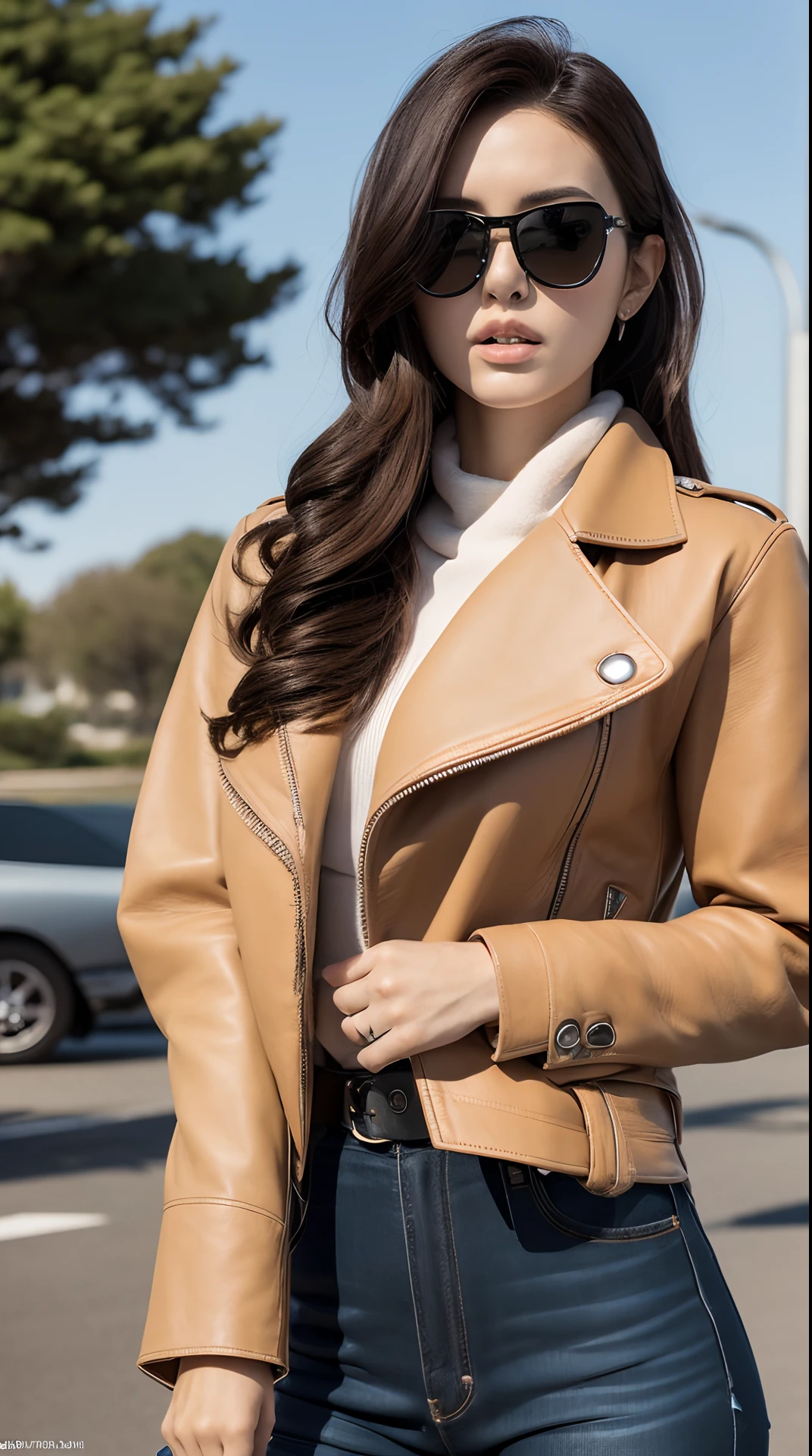 (top-quality、超A high resolution、in 8K、​masterpiece、realisitic、Photorealsitic)、Pretty Japan woman、1 persons、Break HA、Brown hair、Longhaire、(Colossal tits:1.2、gargantuan butt:1.2)、(The upper part of the body:1.4)、close-up、detailed hairs、hyperdetailed face、Detailed skin、Detailed lips、Break HA、Black sunglasses、broad shoulders、Black leather jacket、(Beige muffler:1.2)、Long Leather Belt、denim、(Black High Heels:1.3)、BREAK、(Driving a Harley-Davidson:1.2)、Road、Daytime、Natural lighting