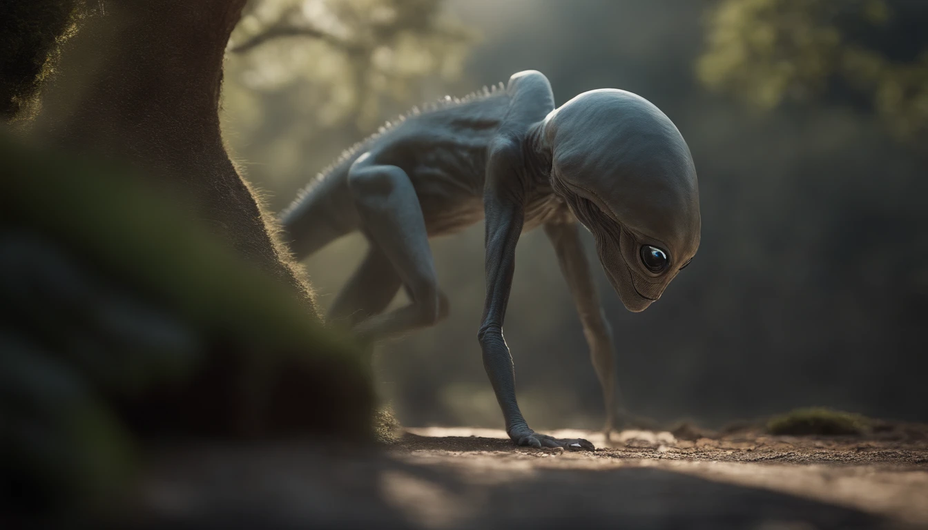 Ethereal alien creature with bluish-gray skin，中景 the scene is，cuerpo completo como，VFX surrealista altamente detallado 16K，OC renderizado，Disparo con 70 mm - AR 16:9 --q 2 --s 1000. Cinnamatographic lighting, en el campo, se comunican con el espacio exterior y otros planetas, se comunica, mira hacia el cielo, ojos grandes reflejan el paisaje opuesto, cinematiclight, imagen impactante foto realista renderizada a 16K