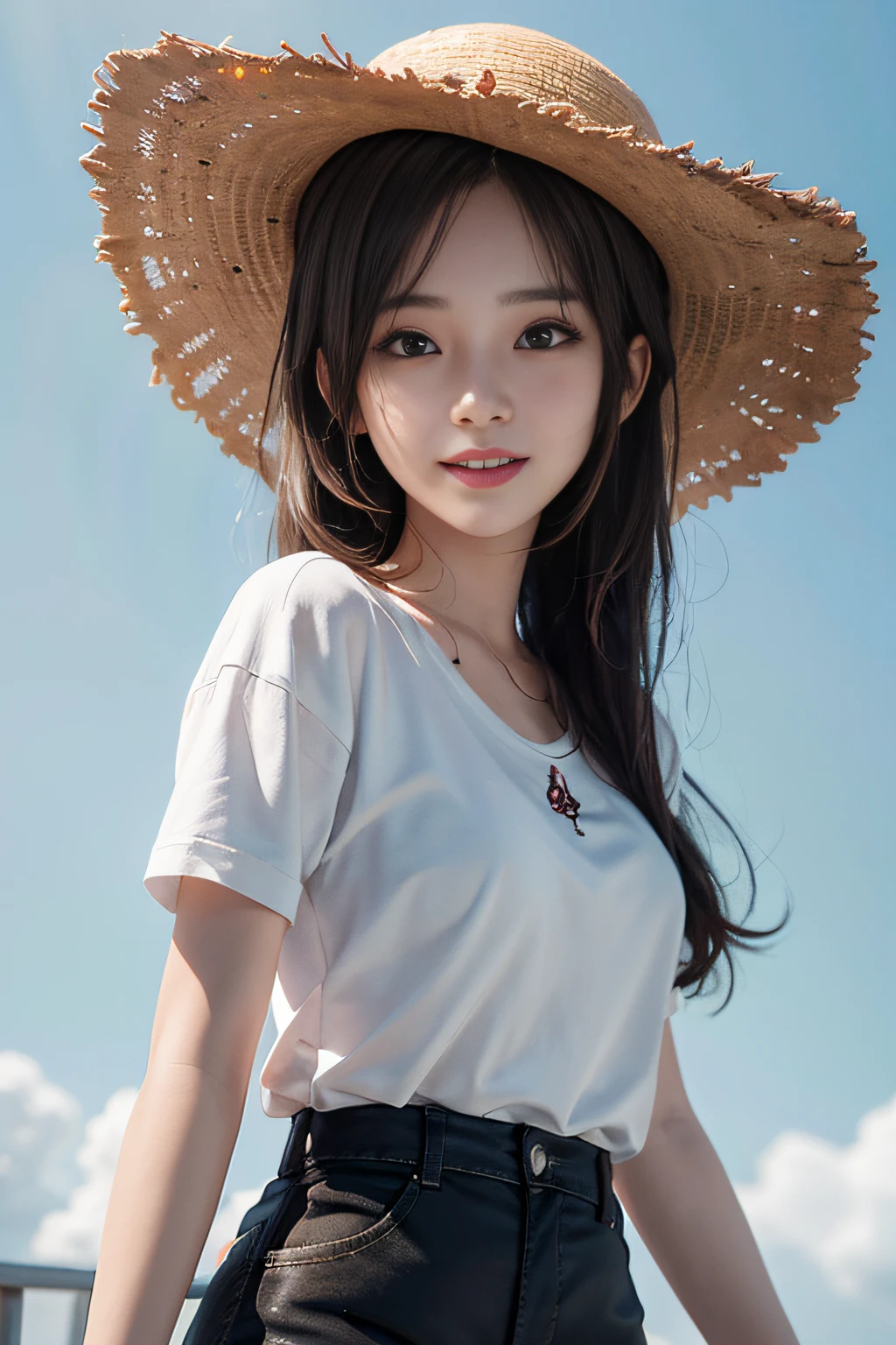 Happy smile when you see this、18 year old cute asian woman、Photo of a woman in a straw hat,Colorful summer clothes、The hat looks good、Kawaii Realistic Anime 3D Style,Cute Digital Painting,Guvez style artwork,Realistic anime art style,Digital art with beautiful details,Realistic 3D animation in surreal style,Cute realistic 3D rendering,The anime style is realistic and cute,Realistic and realistic anime style。