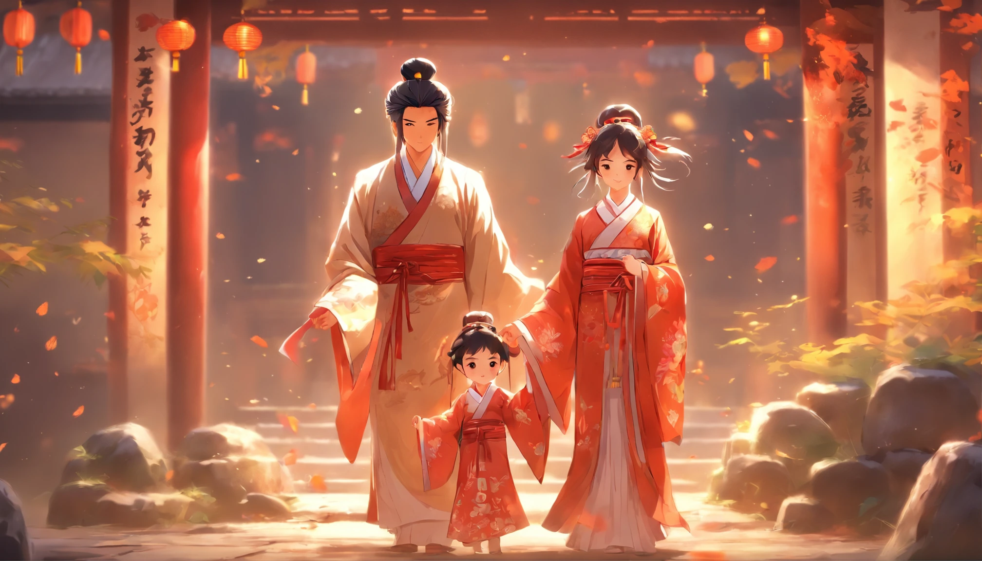 A couple in ancient style, Cute little girl, A family of three, Tattered clothes, Everyday life scenes Chinese style