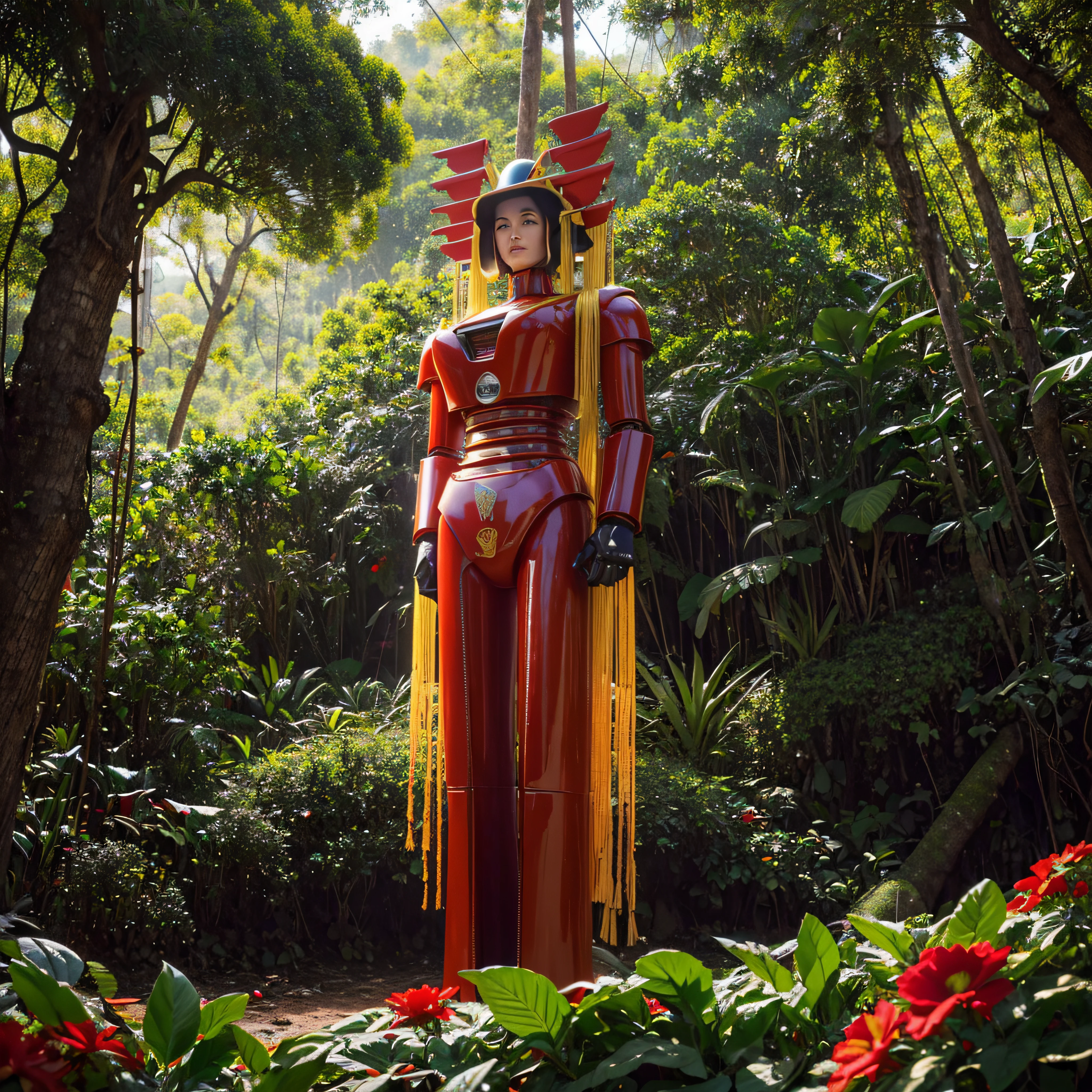 (extremadamente detallado, obra maestra, La mejor calidad, foto antigua, principios de siglo, VHS Aesthetics) Retro big robot with blood on robotic hands. In the middle of a strange jungle. Vegetables from another dimension. Epic flowers far away, organic trees with meat. Light Volumetric
