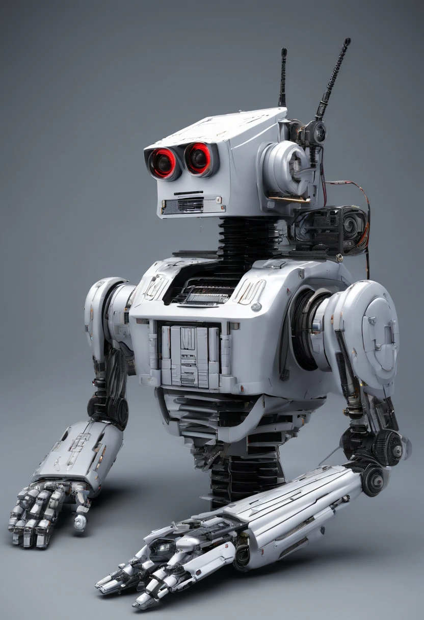 a robot, com corpo translucido, sitting at a desk with a pen in his hand, escrevendo no livro, na sala com livros, wide vision, ultra realista, altamente detalhado, pintura digital, arte conceitual, suave, foco nítido, tiro grande angular , Wall-E , R2D2
