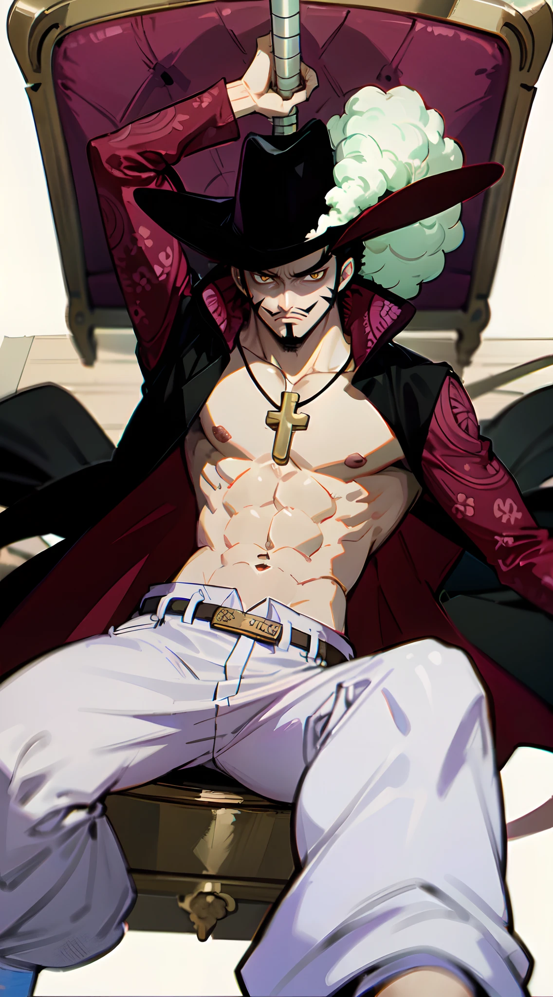 ANIME_OP_dracule_mihawk,  facial hair,beard,abs,black hair,yellow eyes,mustache,muscular,pectorals,goatee,long sideburns,sideburns,short hair,spiked hair,manly,toned,stubble,thick_eyebrows,  hat,jewelry,necklace,belt,coat,pants,open clothes,cross,pirate hat,cross necklace,cape,open coat,bare pectorals,black headwear,fur trim,latin cross,long coat,navel,jacket,open_jacket,topless male,hat_feather,white_pants,   yoru_(sword), sword_on_back, sitting on chair, legs up on desk