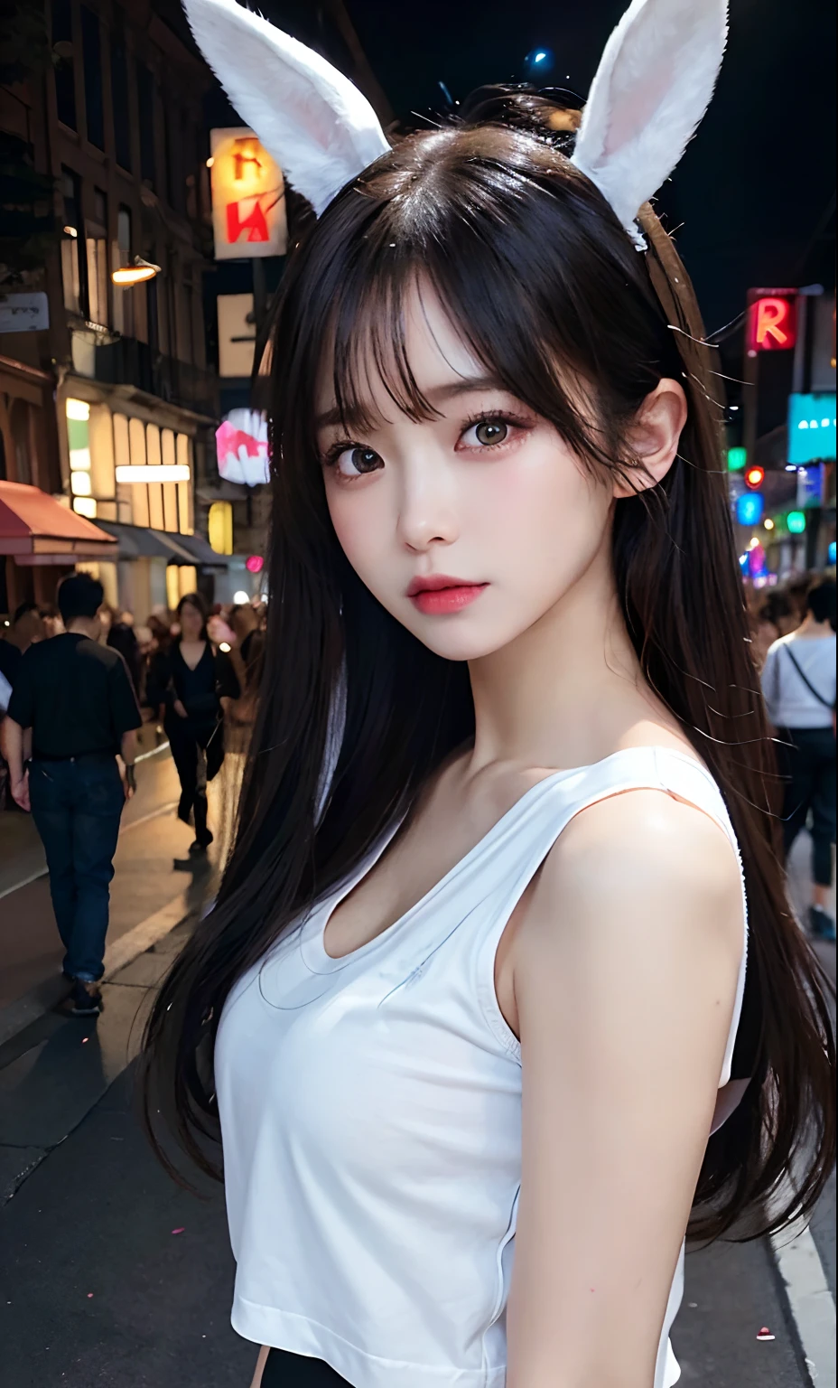 (Raw photography:1.2)、top-quality、a beautiful detailed girl、Bunny Girl、angry looking face、extremely detailed eye and face、Beautiful detailed eyes、huge filesize、hight resolution、hight resolution、8k wallpaper、finely detail、Highly detailed ticker uniform 8K wallpaper、Light on the Face、Movie Lighting、-yeld gisexy pose、(photorealisim:1.4)、illustratio、surrealism、 frombelow、super detailing、masterpiece、in a street, Night, Neon light, white t-shirts, no-bra, Black underwear, pokerface, front-facing view, is standing, in a crowd of people,