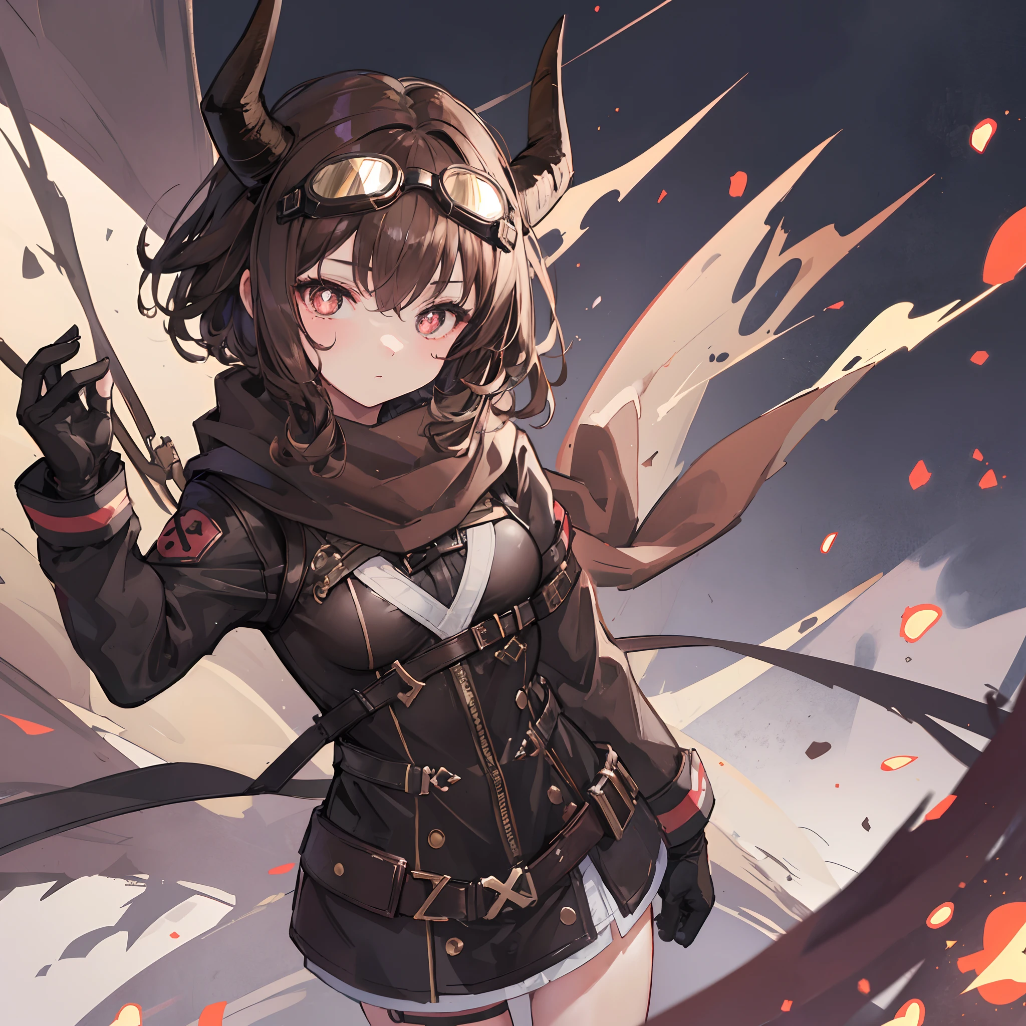 1girl, brown hair, curly hair, brown eyes, ((cross-shaped pupils)), short hair, cute, adult, long coat, arknights, succubus horns, glove, medium breasts, (goggles:1.4), scarf, ((draw)), ((glow draw))