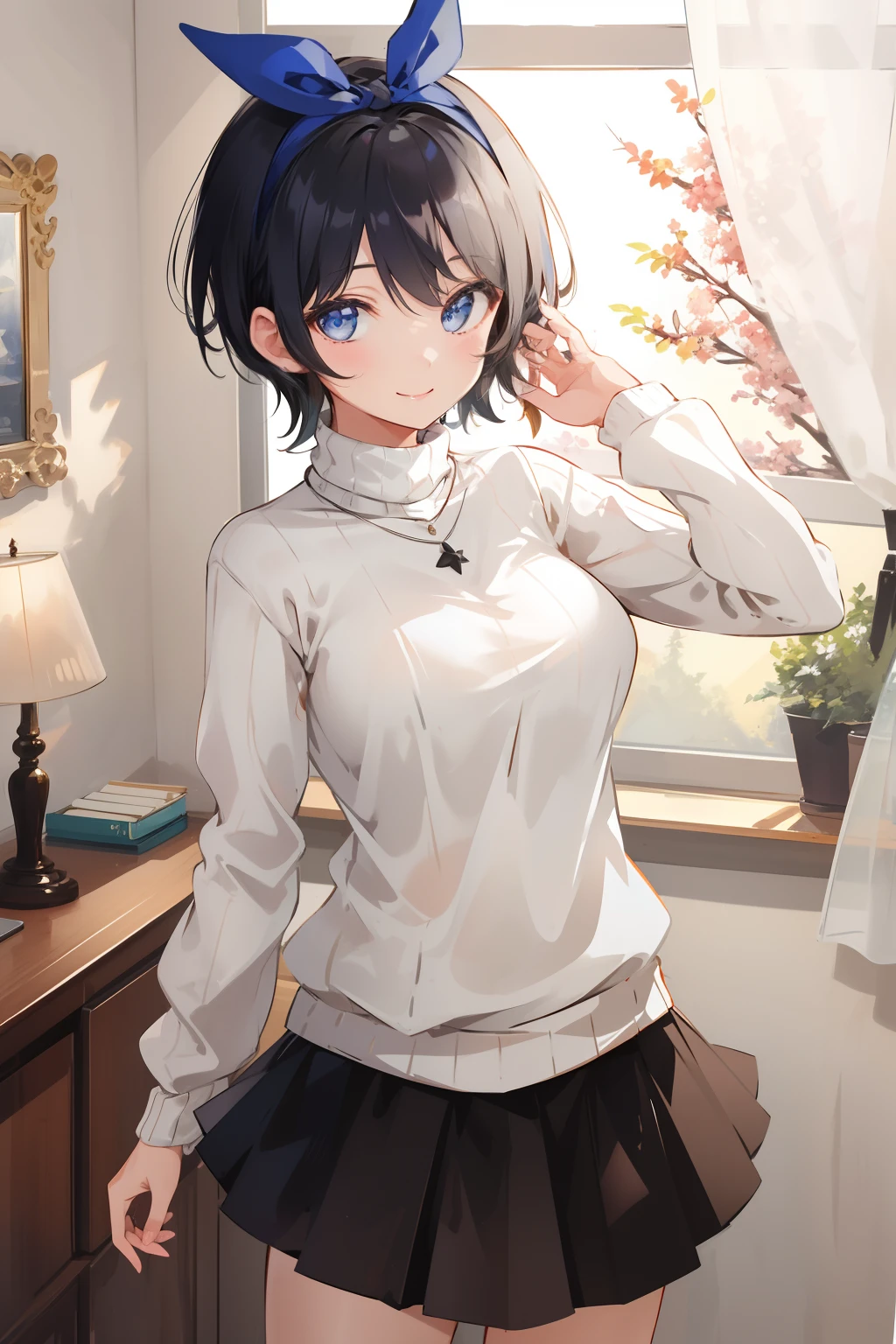 masterpiece, best quality, highres, 1girl, solo, jewelry, skirt, sweater, necklace, black skirt, black hair, short hair, ribbed sweater, socks, turtleneck sweater, turtleneck, white socks, blue eyes,  long sleeves, pleated skirt, ribbon, breasts, bow, hair ribbon, hairband, hair bow, bangs, large breasts, sarashina ruka, cowboy shot, smile,