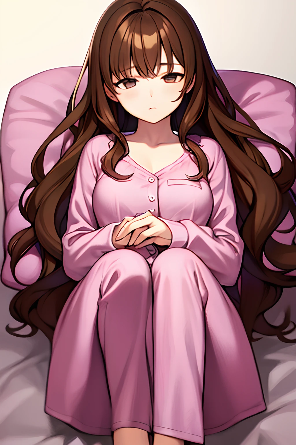 Sleeping girl, 22 years old, Realistic, She wears long pink pajamas, Brown hair.