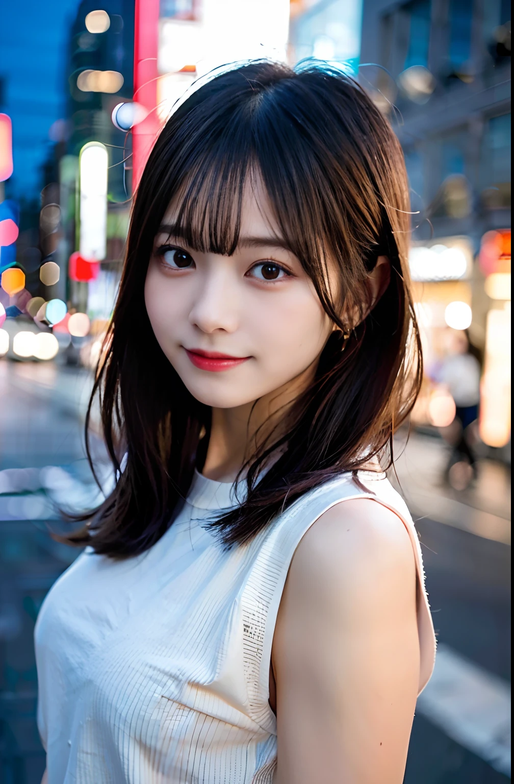1girl, Tokyo street,night, cityscape,city lights,upper body,close-up,smile,, (8k, RAW photo, best quality, masterpiece:1.2),(realistic, photo-realistic:1.37),