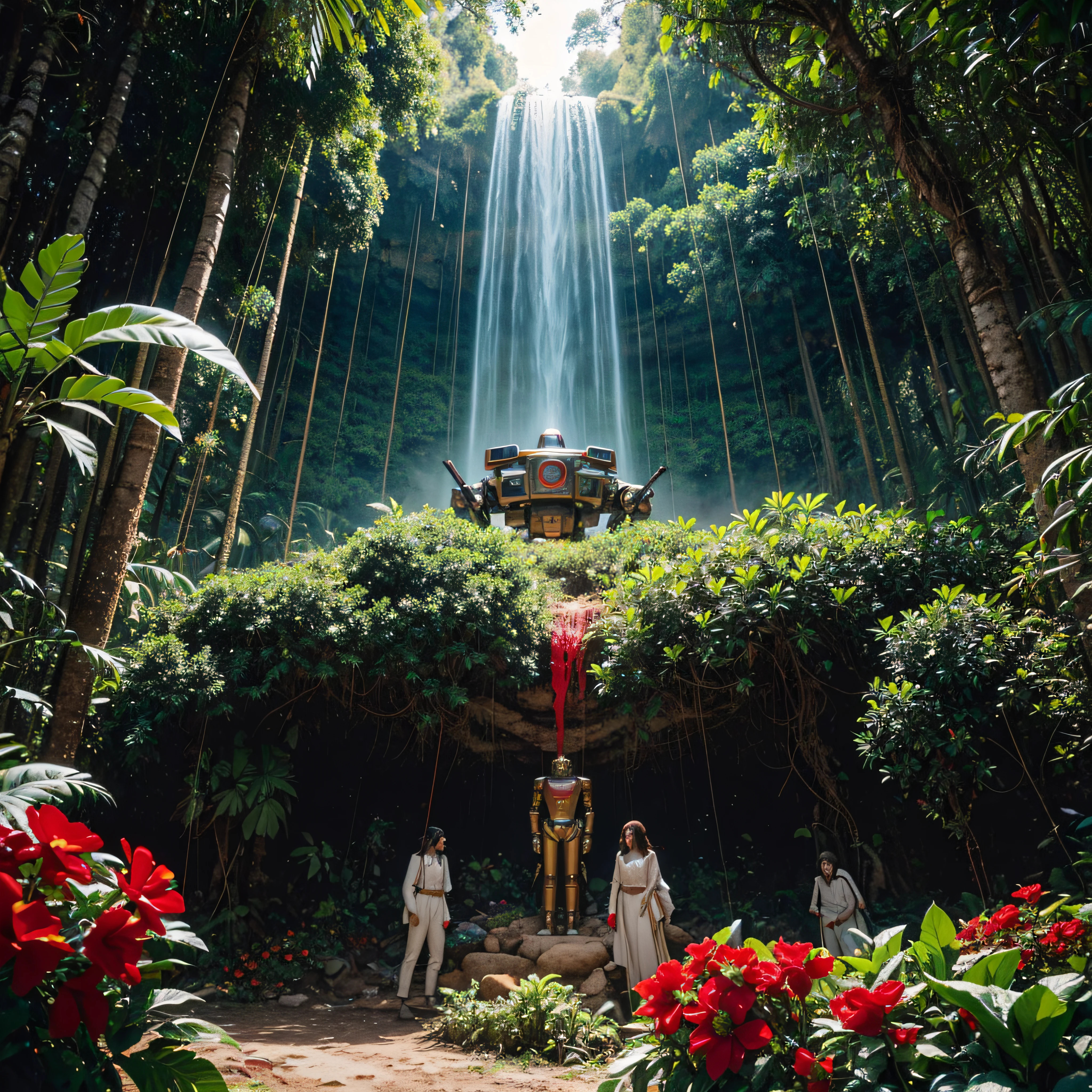 (extremadamente detallado, obra maestra, La mejor calidad, foto antigua, principios de siglo, VHS Aesthetics) Retro big robot with blood on robotic hands. In the middle of a strange jungle. Vegetables from another dimension. Epic flowers far away, organic trees with meat. Light Volumetric