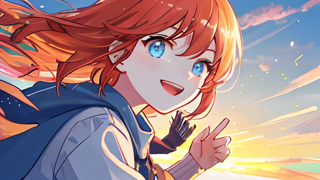 masterpiece, best quality, movie still, 1girl, cloud girl, floating in the sky, close-up, bright, happy, warm soft lighting, sunset, (sparks:0.7)