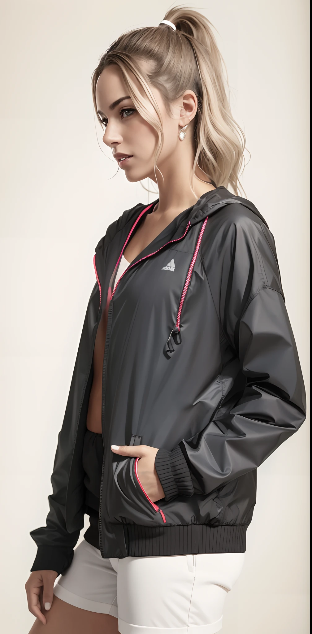 A woman in a black jacket and white shorts stands, roupas esportivas, roupas esportivas, poncho, encapuzado, she is wearing a wet coat, jaqueta preta e vermelha, profile close-up view, in tennis jacket, Foto do perfil, Sleek waterproof design, jaqueta esportiva, pelagem preta e laranja, roupas esportivas fofas, Oversized, suit jacket, casaco para uma rave, fotografia realista, fotografia, obra-prima, realista, Realismo, renderizado, Alto contraste, Arte Digital, fotográficorealista, trend in Artstation 8k HD, high definiton, circunstanciado, Realistic, detalhada, textura da pele, hiperdetalhada, Textura realista da pele, melhor qualidade, ultra high-resolution, (fotografia realista: 1.4), alta resolução, detalhada, fotografia crua, sharp resolution, Nikon D850 filmes, fotografia de stock 4, Kodak Portra 400 Camera F1 Lens.6, textura hiper realista, lighting dramatic, Unrealistic trend in Artstation Cinestill 800, .RAW.