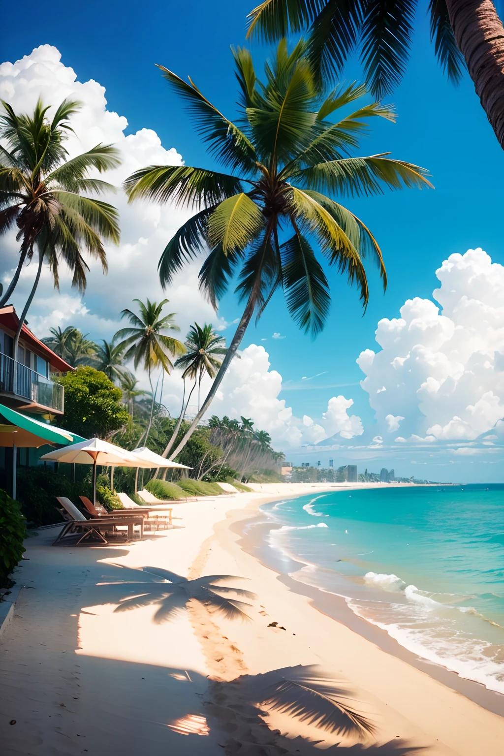 vista para uma praia com palmeiras e uma passarela, palmeiras na praia, in a beachfront environment, beach trees in the background, Paisagem urbana tropical ao ar livre, Lisboa, sao paulo, tree palms in background, palmeiras no fundo, dia ensolarado na praia, beach setting, Coqueiros, paisagem da praia, rio de janeiro, Summer street near a beach