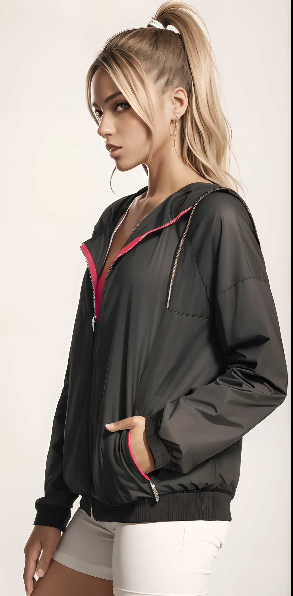 A woman in a black jacket and white shorts stands, roupas esportivas, roupas esportivas, poncho, encapuzado, she is wearing a wet coat, jaqueta preta e vermelha, profile close-up view, in tennis jacket, Foto do perfil, Sleek waterproof design, jaqueta esportiva, pelagem preta e laranja, roupas esportivas fofas, Oversized, suit jacket, casaco para uma rave, fotografia realista, fotografia, obra-prima, realista, Realismo, renderizado, Alto contraste, Arte Digital, fotográficorealista, trend in Artstation 8k HD, high definiton, circunstanciado, Realistic, detalhada, textura da pele, hiperdetalhada, Textura realista da pele, melhor qualidade, ultra high-resolution, (fotografia realista: 1.4), alta resolução, detalhada, fotografia crua, sharp resolution, Nikon D850 filmes, fotografia de stock 4, Kodak Portra 400 Camera F1 Lens.6, textura hiper realista, lighting dramatic, Unrealistic trend in Artstation Cinestill 800, .RAW.