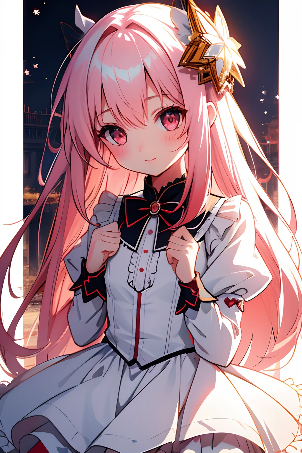beautiful illustration, best quality, cute petit girl, (transform sequence), transform magical girl, chibi, white magical girl, fractal art, albino, babyface, long pure white and red mesh hair, beautiful detailed red eyes, cinematic lighting, cowboy shot, looking at viewer, from bottom, happy