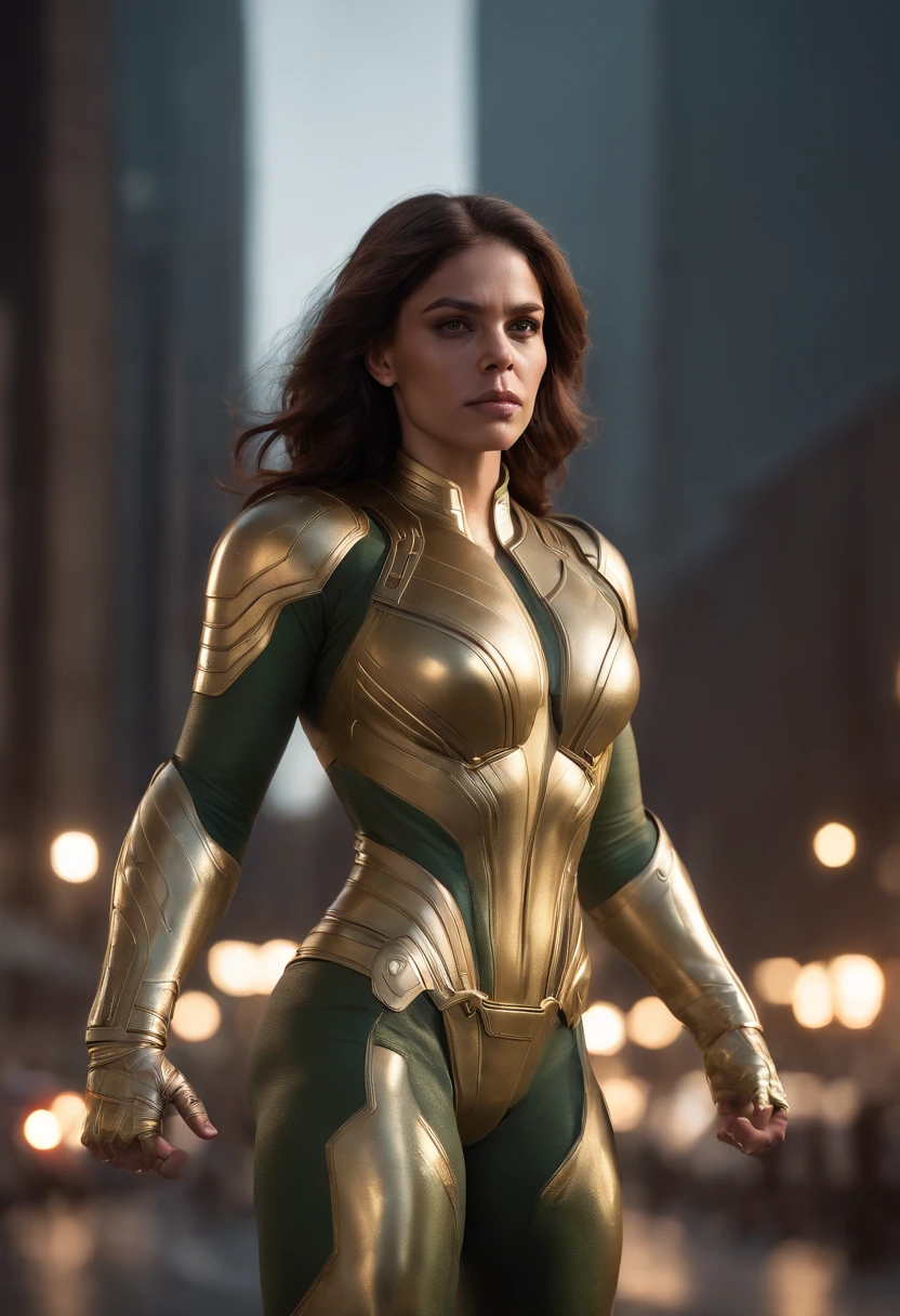 full body shot of she hulk in white and gold armour style suit, no mask on, white cape, looking at center camera, perfect composition, beautiful detailed intricate insanely detailed octane render trending on artstation, 8 k artistic photography, photorealistic concept art, soft natural volumetric cinematic perfect light, chiaroscuro, award - winning photograph, masterpiece, oil on canvas, raphael, caravaggio, greg rutkowski, beeple, beksinski, giger, trending on artstation, sharp focus, studio photo, intricate details, highly detailed, night city background, by greg rutkowski