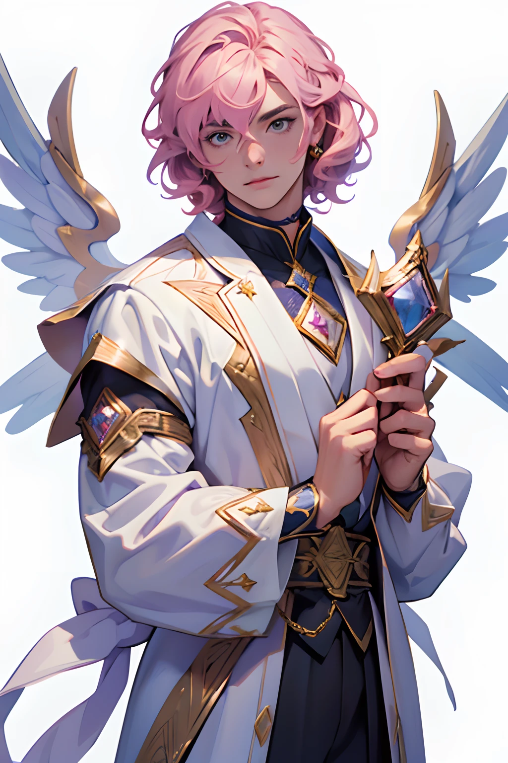 A young magical girl with short, curly hair, cabelos de cor roxa com mechas rosa pastel, wearing a magical starkeeper style outfit with roses, white-themed clothing, roxa e dourada, em uma escola japonesa a noite, Lovely young man, bonita, perfect hands, rosto detalhado, rosto perfeito, Hands Held, detailed hands, tedência artstation, corpo esguio, jovem bonita com asas de cupido