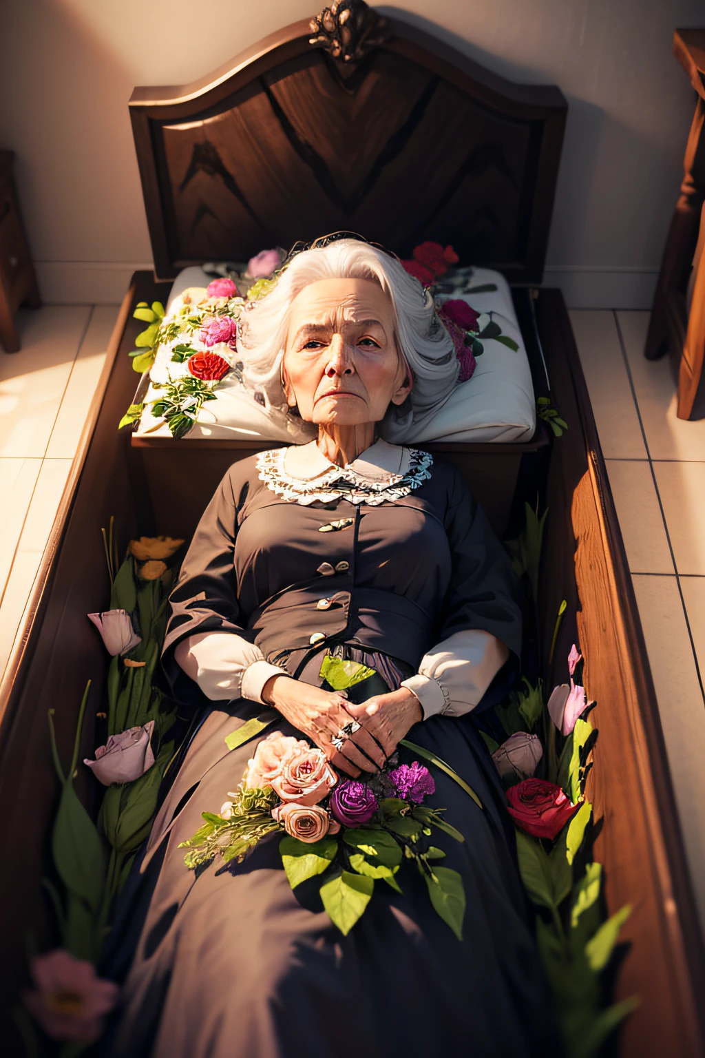 Flowers adorning the corpse of an old lady in a coffin in the middle of a simple room