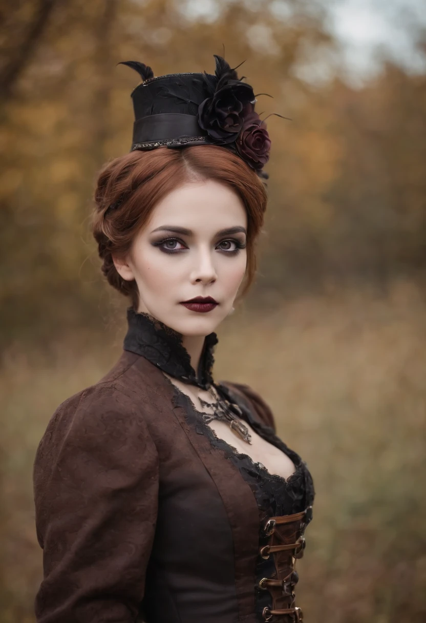 steampunc、Steampunk Body、Full body posture、skeletal、Machine body、Gear device、Karakuri doll、Industrial Revolution、Russian woman、drooing eyes、Short hairstyle、Little fat girl、sulky face、skeletal、(((Halloween Makeup)))Autumn scenery、evening