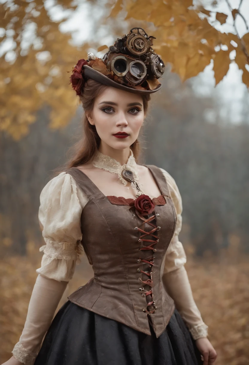 steampunc、Steampunk Body、Full body posture、skeletal、Machine body、Gear device、Karakuri doll、Industrial Revolution、Russian woman、drooing eyes、Short hairstyle、****** fat girl、sulky face、skeletal、(((Halloween Makeup)))Autumn scenery、evening