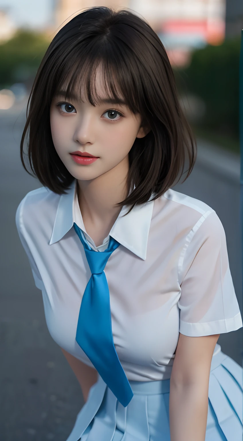 8K, Best quality, Real picture, Intricate details, Ultra-detailed, 超A high resolution, Depth field,(Photorealistic,Realistic:1.2),Masterpiece, 0.25 :: Close-up , straight shot , From miiddle ,1girll, blue
eyes,short white skirt, 。.。.。.。.。.。.。.。.ai_Zen Buddhism, an extremely beautiful -yeld gi innocent big eyes, (brown_short_Hair), (Green_Eyes:1.0),(Bangs Aviation),Disheveled hair,(hair pin), Perfect shiny skin, Flawless skin, Fair skin, Huge breasts, cleavage, Narrow waist, Light blush, Solo, view the viewer, Light smile,chubby under the clothes, Sweat,Wearing ((school_uniform), (White_Skirt),(Blue_Long_tie), (black_Pantyhose) :1.2), (Gravure pose :1.1),Sunset ,high school in Japan ,(jiayi:1.5), closeup cleavage, tmasterpiece, best qualtiy, RAW photogr, realisticlying, the face, Incredibly Ridiculous res, depth of fields, A high resolution, ultra - detailed, finedetail, The is very detailed, Extremely detailed eyes and face, Sharp pupils, realistic pupil, tack sharp focus, cinmatic lighting, nsfw