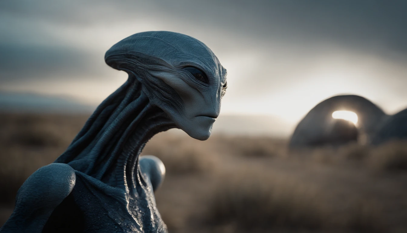 Ethereal alien creature with bluish-gray skin，中景 the scene is，cuerpo completo como，VFX surrealista altamente detallado 16K，OC renderizado，Camera shooting with 70mm - AR 16:9 --q 2 --s 1000. Cinnamatographic lighting, en el campo, se comunican con el espacio exterior y otros planetas, mira hacia el cielo, ojos grandes reflejan el paisaje opuesto, cinematiclight, Dramatic image photorealistic rendered at 16K, ser extraterreste, noble, bueno, gentil, inteligente