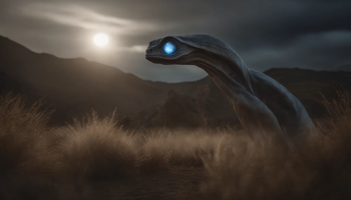 Ethereal alien creature with bluish-gray skin,中景 the scene is,cuerpo completo como,VFX surrealista altamente detallado 16K,OC renderizado,Camera shooting with 70mm - AR 16:9 --q 2 --s 1000. Cinnamatographic lighting, en el campo, se comunican con el espacio exterior y otros planetas, mira hacia el cielo, ojos grandes reflejan el paisaje opuesto, cinematiclight, Dramatic image photorealistic rendered at 16K, ser extraterreste, noble, bueno, gentil, inteligente