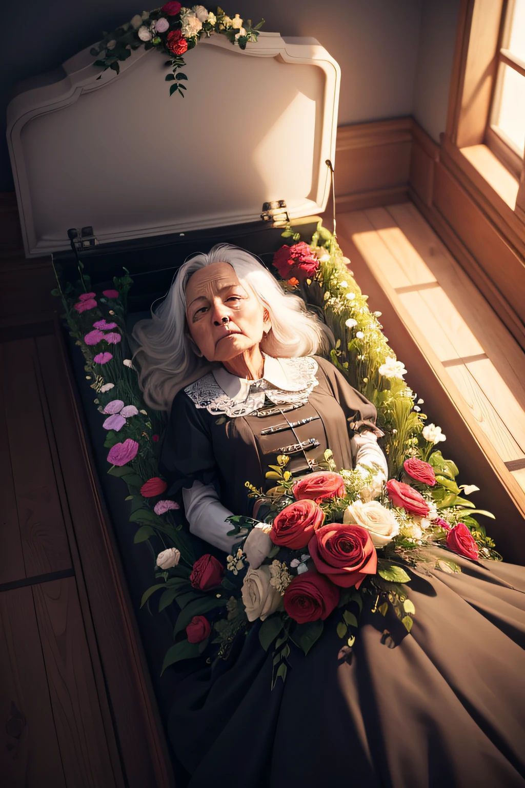 Flowers adorning the corpse of an old lady in a coffin in the middle of a simple room