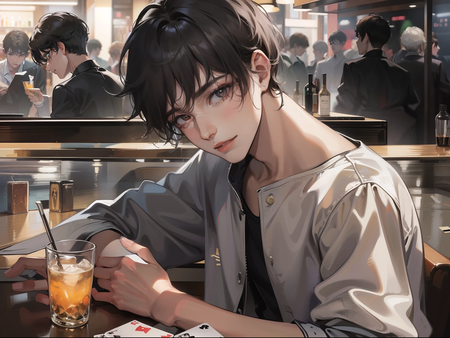 A 20-year-old boy dressed in casual clothes with short black hair clapped his hand on the wine table,Emotional,Inside the bar,grand master,tmasterpiece,8k wallpaper,CG,Ultra-high image quality,light and shadow effect