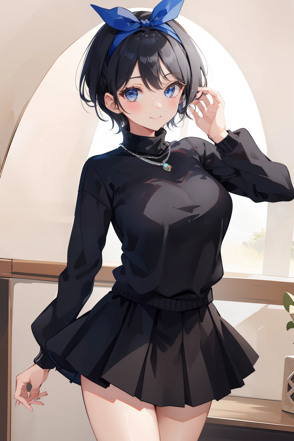 masterpiece, best quality, highres, 1girl, solo, jewelry, skirt, sweater, necklace, black skirt, black hair, short hair, ribbed sweater, socks, turtleneck sweater, turtleneck, white socks, blue eyes,  long sleeves, pleated skirt, ribbon, breasts, bow, hair ribbon, hairband, hair bow, bangs, large breasts, sarashina ruka, cowboy shot, smile,