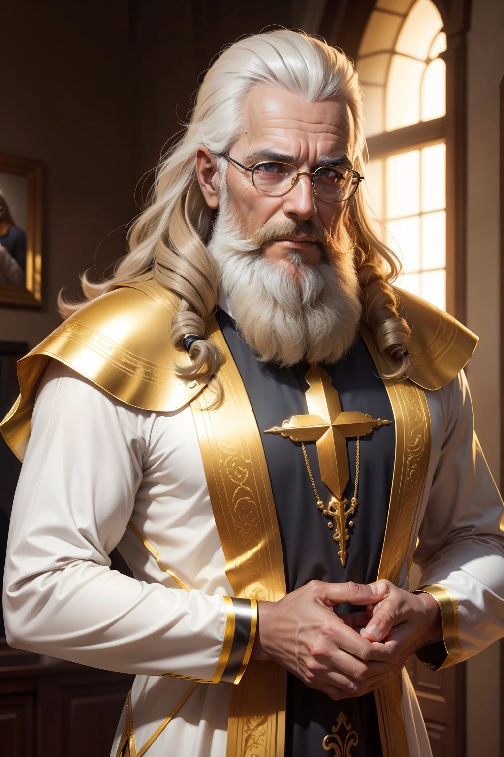 Generate a golden image of Simon Peter, apostolo de jesus, 65 anos, barba branca cabelos grisalhos, corpo todo, vestido com roupa da epos de jesus