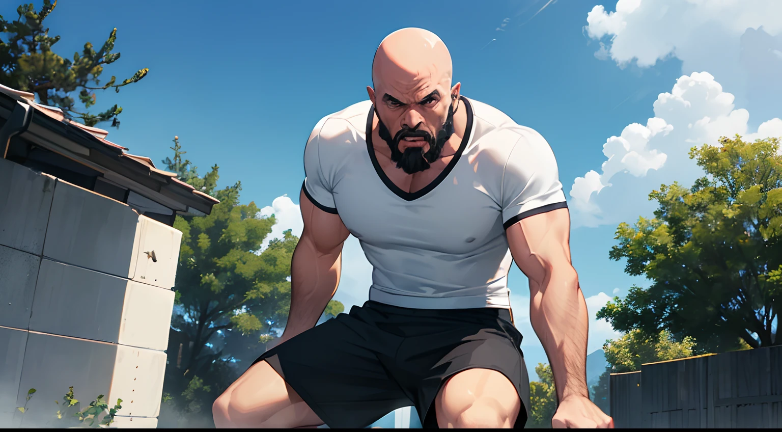1 man 50 years old, bald, black eyes, short, sparse black beard, wearing a white sports shirt, wearing black gym shorts, wearing sport shoes, toot, open mouth wide, decisive eyes, angry face, muscular, strong body, drenched in sweat, sunny weather, noon, school jogging field, extremely detailed, best graphics, 8k, ultrasharp, masterpiece