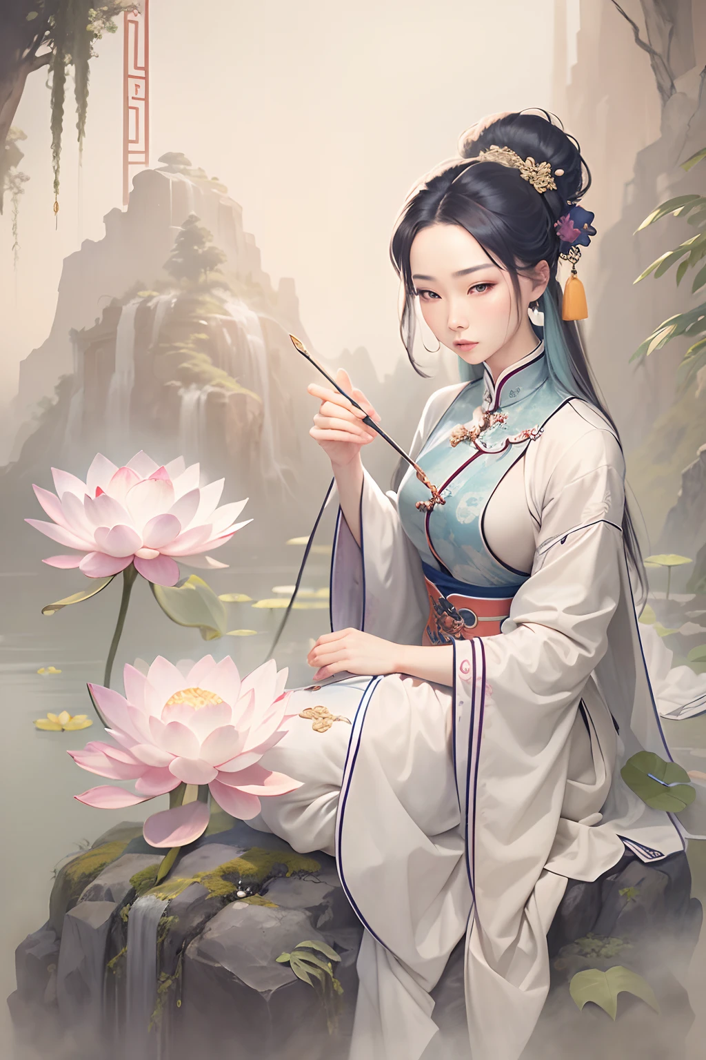 An ancient Chinese beauty sitting on a stone, wearing ancient Chinese clothing, flowing tulle, light silk, lazy posture, large lotus leaf, lotus, ink painting style, clean color, decisive cutting, blank, freehand, masterpiece, super detailed, epic composition, high quality, the highest quality, 4k