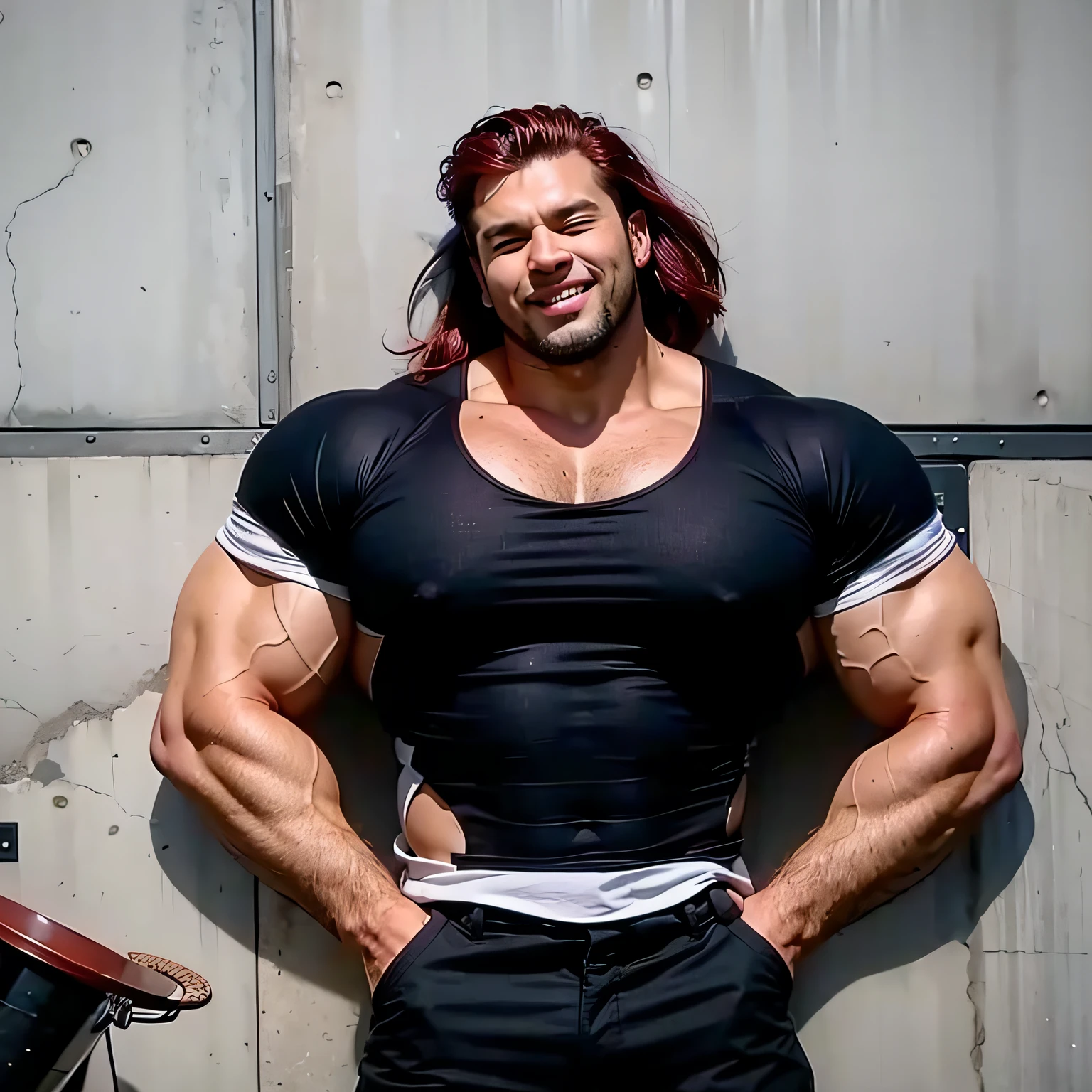 A very big muscular asian man smiling with clean shaved face and dark red hair, ultra realistic, high quality, detailed face