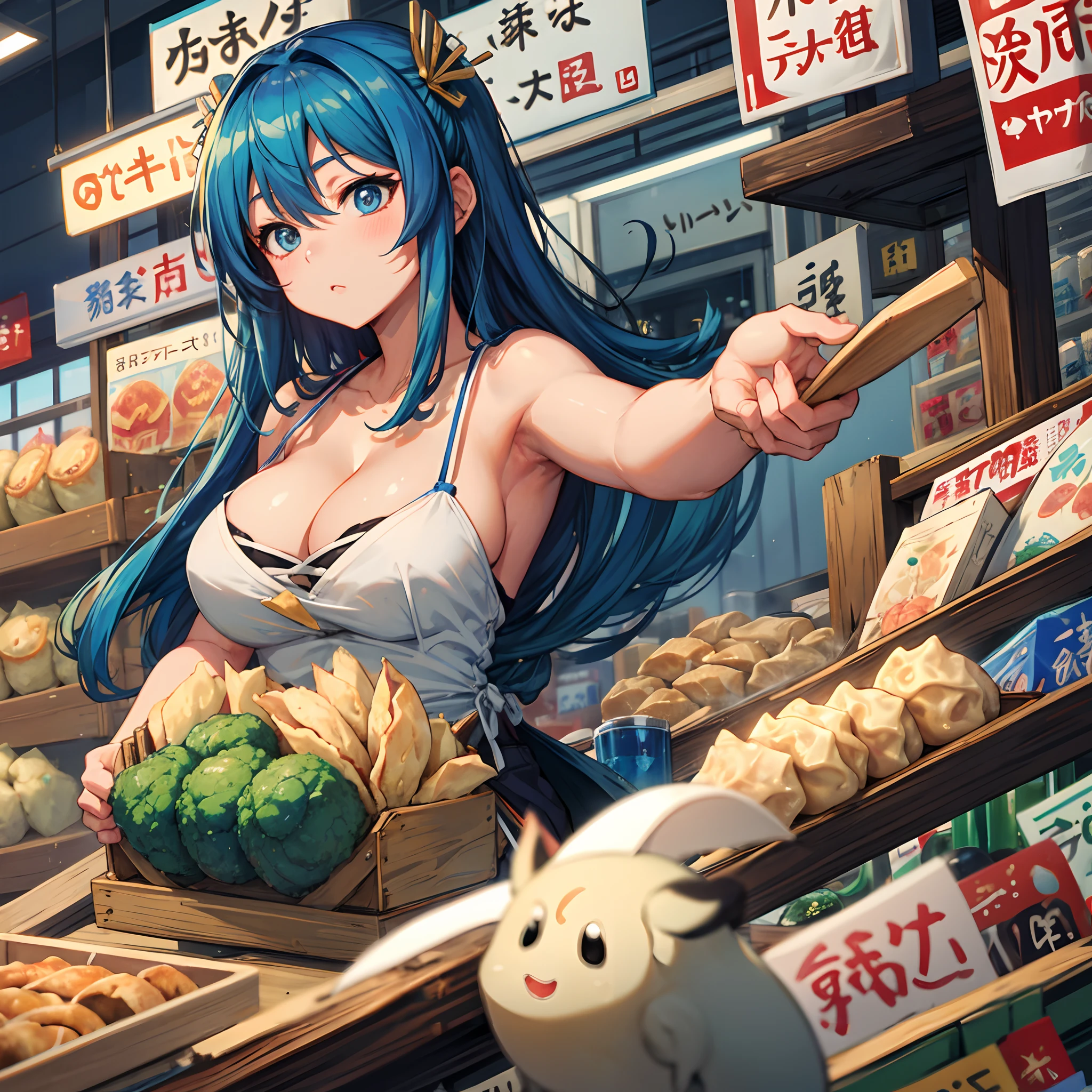 (best quality:1.4), anime, solo, A blue girl in supermarket gyoza dumplings jiaozi, cleavage