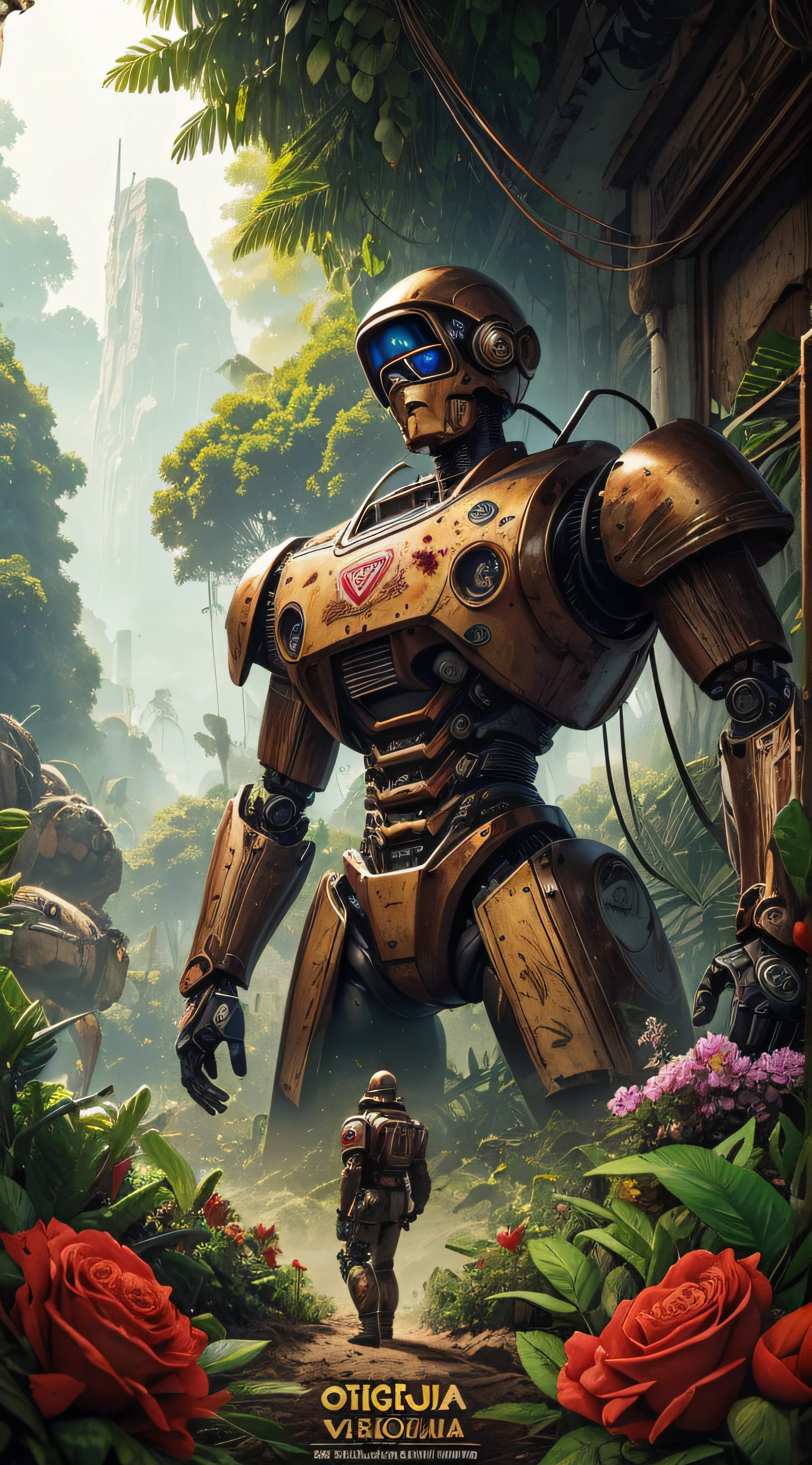 (extremadamente detallado, obra maestra, La mejor calidad, foto antigua, principios de siglo, VHS Aesthetics) Great retro robot with blood in robotic hands. In the middle of a strange jungle. Vegetables from another dimension. Epic flowers far away, organic trees with meat. Light Volumetric