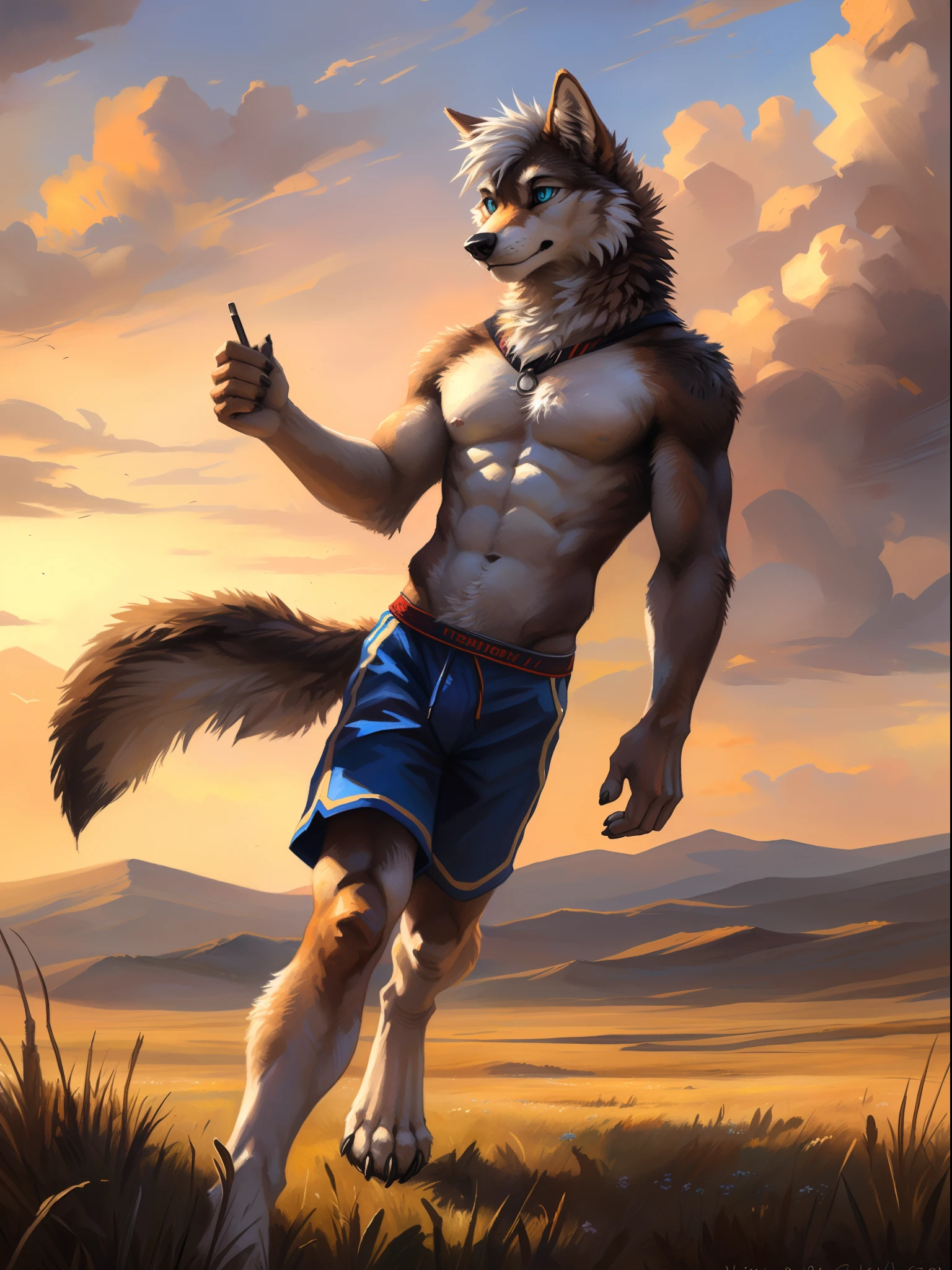 ((Solo)), male people, anthro wolf, (Multi-colored fur, White-brown:1.3), ((Wolf face, White hair, Big eyes, White eyelids, Blue pupil, Slim:1.2) (Tough, Calm expression:1.2)), Abs, Slim, pinging)), (Correct anatomy), (Work shorts:1.1), (Contour bone:1.2), The upper body is naked, (detailed outfits),A big tail,Feet,(Realistic fur, Detailed fur texture, labeled:1.3)), (Natural lighting), Photorealistic, Hyperrealistic, ultradetailed, by Kenket,Endless grasslands,No buildings,Running on