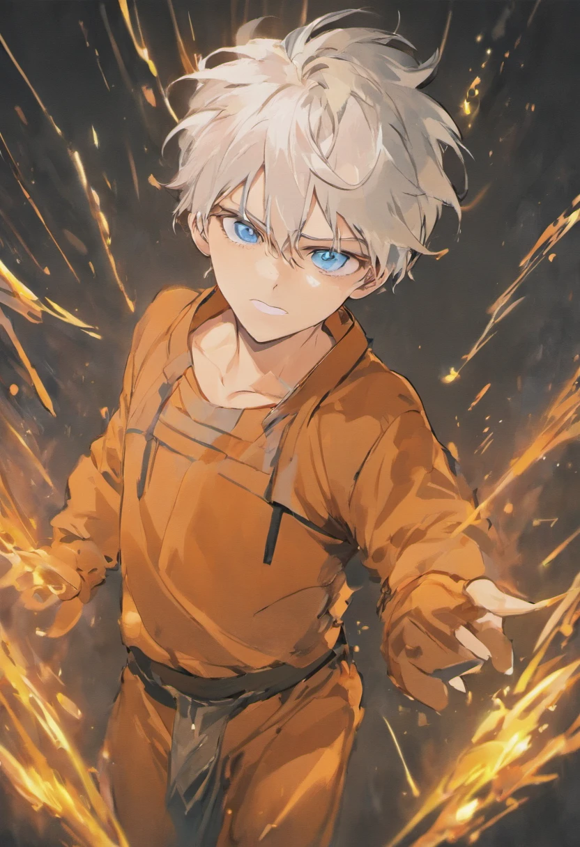 A dynamic guy with well-defined facial features, white hair, blue eyes, strong fingers, in a struggle, with a muscular and toned body, wearing a black uniform, in his 20s. The artwork is created using illustrations and has the best quality, with 4k or 8k resolution. The image should be ultra-detailed and realistic, with vivid colors and sharp focus. The overall color tone is balanced and the lighting is done professionally, with studio lighting to highlight the scene. The style of the artwork is portraits, capturing the dynamic movement and strength of the character.