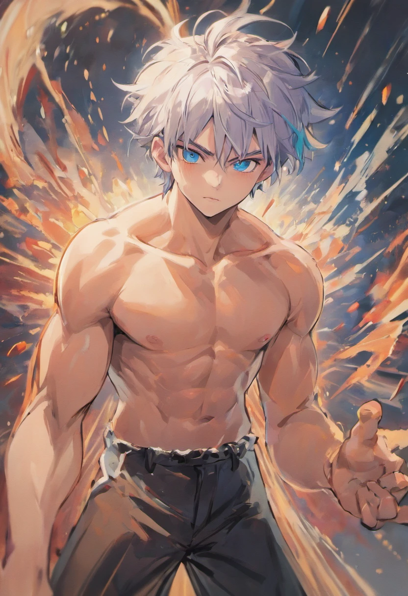 A dynamic guy with well-defined facial features, white hair, blue eyes, strong fingers, in a struggle, with a muscular and toned body, wearing a black uniform, in his 20s. The artwork is created using illustrations and has the best quality, with 4k or 8k resolution. The image should be ultra-detailed and realistic, with vivid colors and sharp focus. The overall color tone is balanced and the lighting is done professionally, with studio lighting to highlight the scene. The style of the artwork is portraits, capturing the dynamic movement and strength of the character.